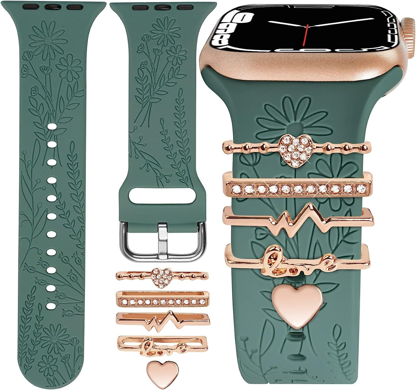Watch Band Charms (Band Included), Compatible with Apple Watch Band 38Mm 40Mm 41Mm, ORATYFAN Floral Engraved Silicone Bands & Metal Decorative Ring Loops Accessories for Iwatch Series Se 8 7 6 5 4 3 2 1  ORATYFAN Rose Gold heart 38mm/40mm/41mm 