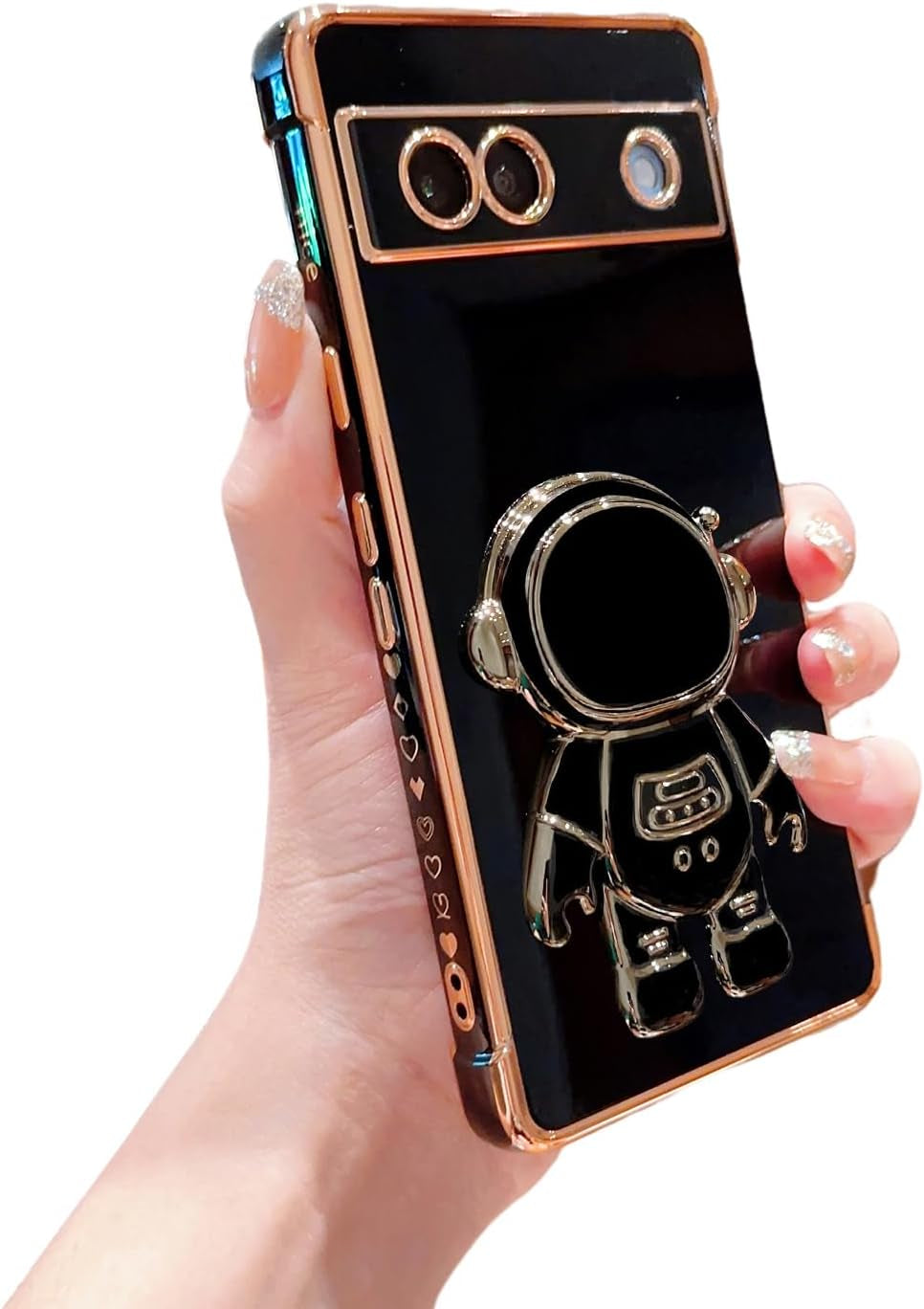 Phylla Phone Case for Google Pixel 7A 6.1” 5G,Luxury Plating Astronaut Stand Holder Phone Case with Cute Love Heart Side Small Pattern Soft Silicone Shockproof Kickstand Cover Bumper (White)  phylla Black  