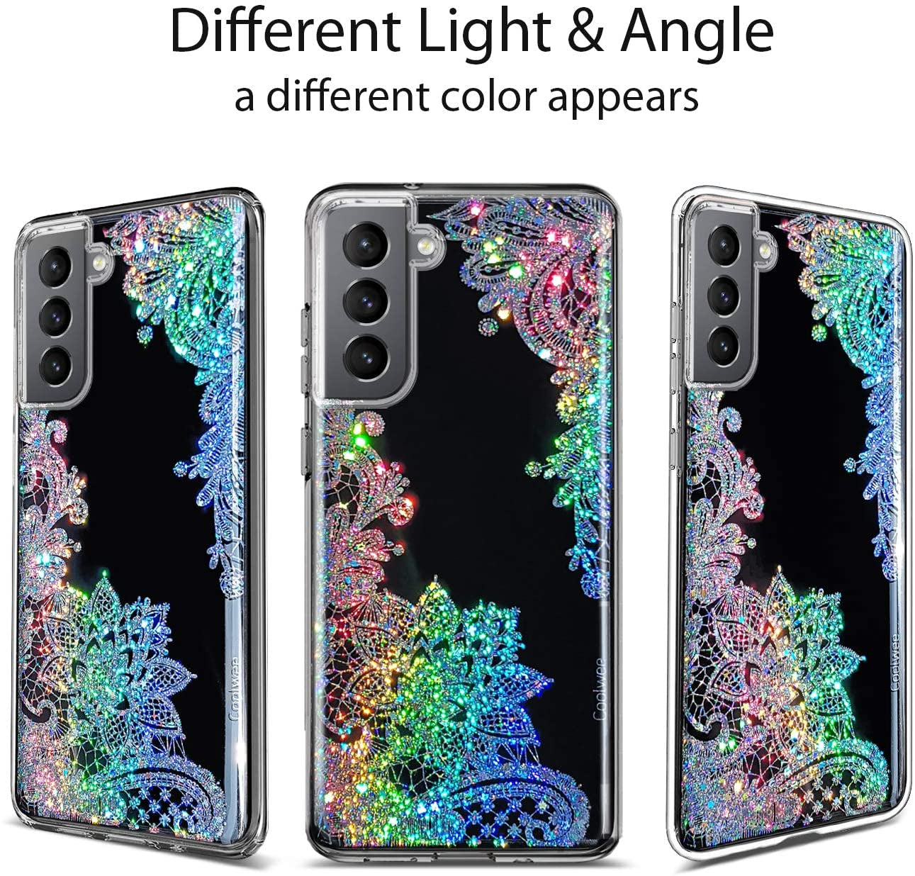 Coolwee Clear Glitter for Galaxy S22, 6.1 Inch, Thin Flower Slim Cute Crystal Lace Bling Shiny for Women Girls Floral Plastic Hard Back Soft TPU Bumper Protective Cover for Samsung S22 Mandala Henna  Coolwee   