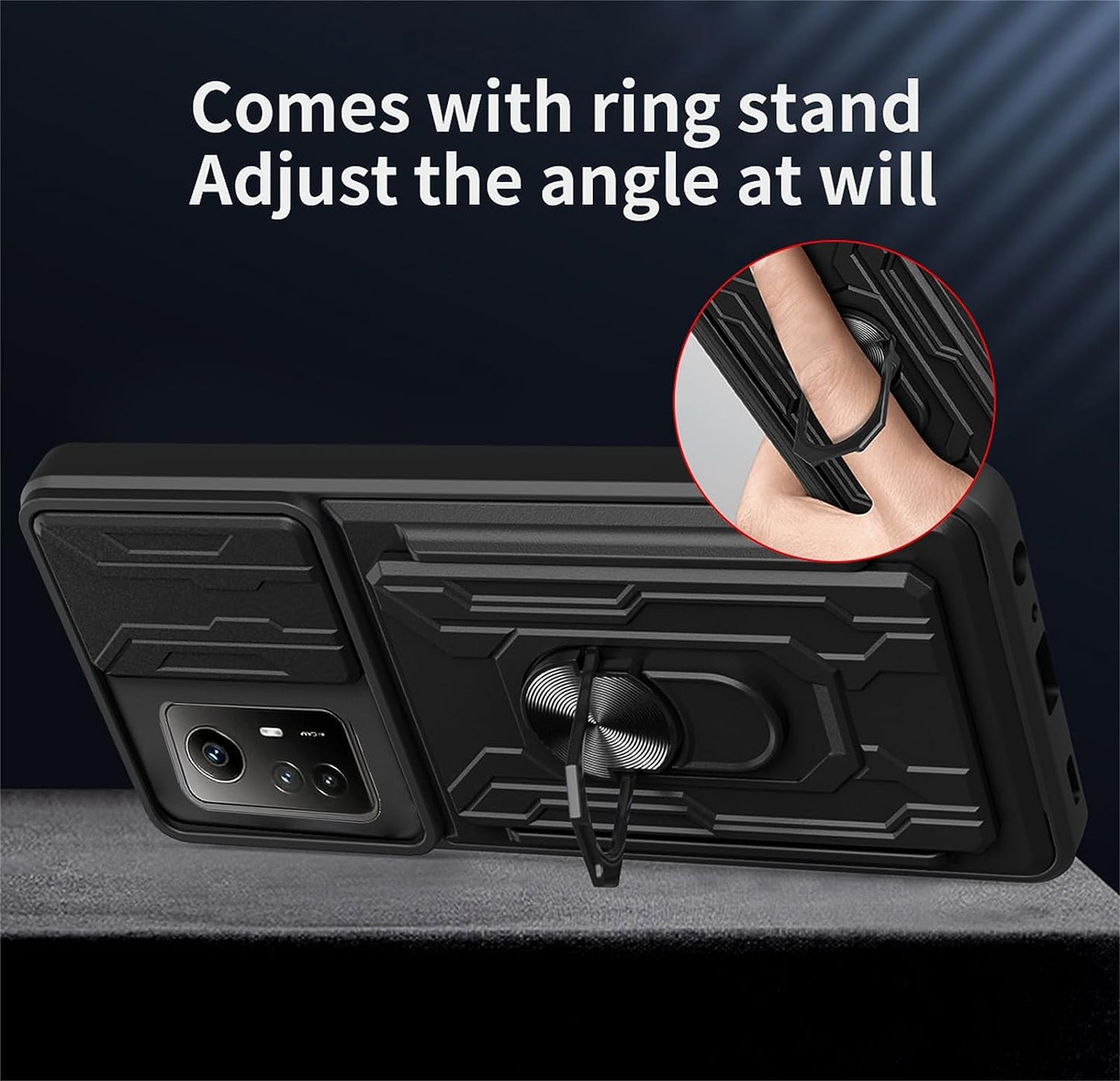 Tncavo for Xiaomi Poco F5 Case with Card Holder, Military Grade Shockproof Heavy Duty Protective with Rotating Ring Kickstand & Camera Cover for Xiaomi Redmi Note 12 Turbo LJ Black  Tncavo   