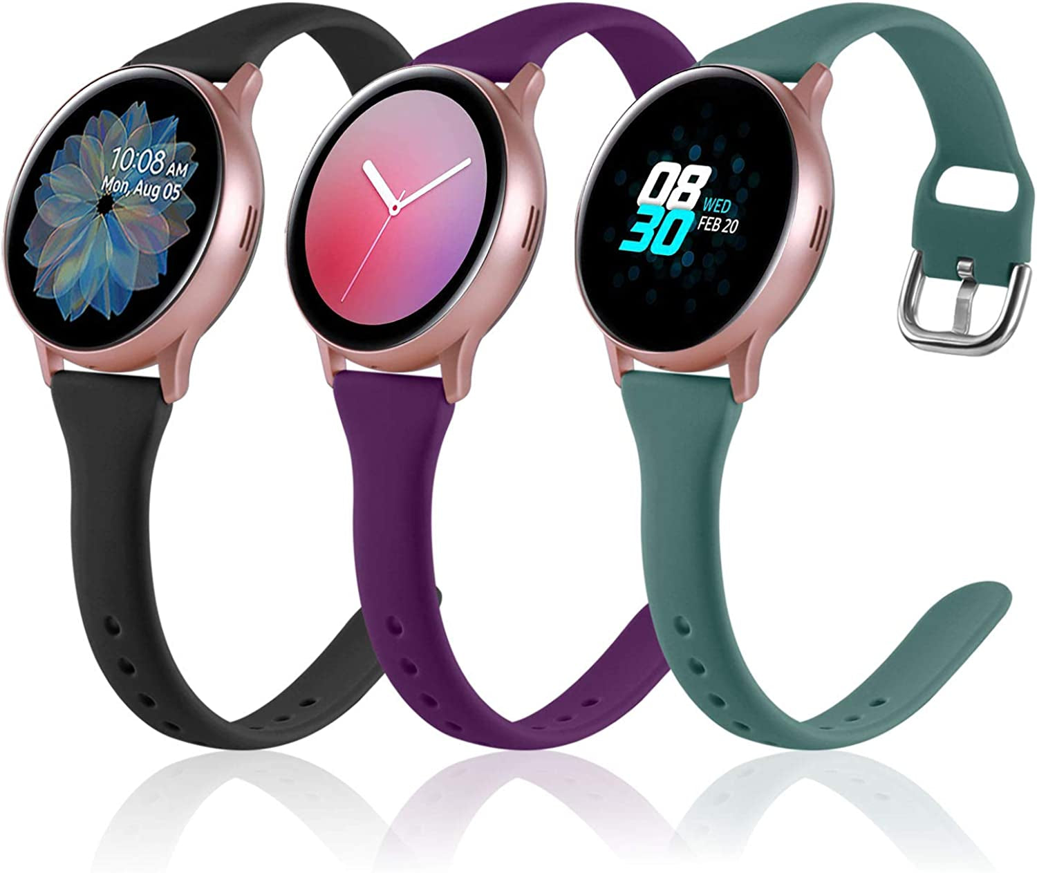 Vcegari (3 Pack) Band Compatible with Samsung Active 2 Watch 40Mm 44Mm, Galaxy Watch 3 41Mm/Galaxy Watch 42Mm/Gear S2 Classic/Gear Sport Bands, 20Mm Slim Silicone Sport Strap for Women Men  Vcegari Black/Pine Green/Plum Small 