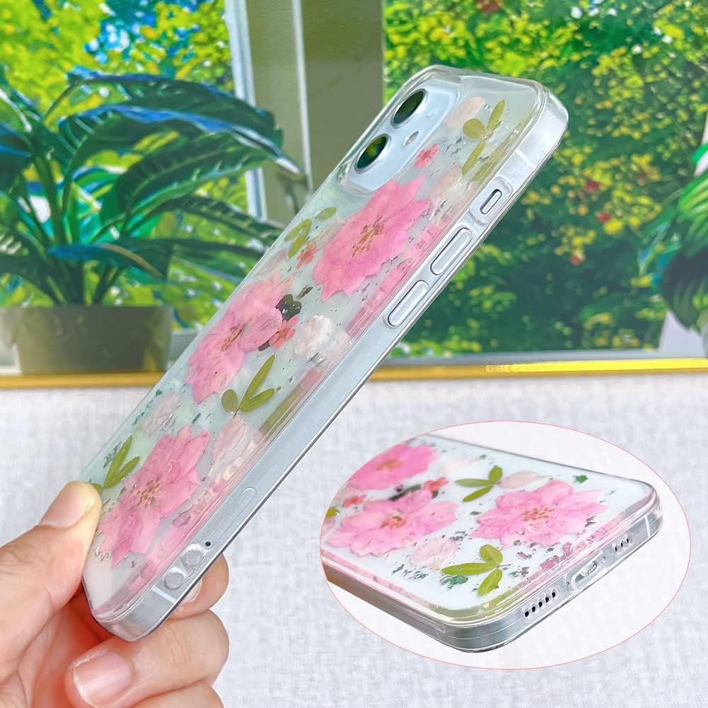 Abbery Designed for Iphone 12 Mini Case Glitter Flower Cute Bling Sparkle Clear with Design Soft Silicone TPU Real Dried Pressed Flowers Floral Aesthetic Phone Cover for Women Girls (3 Pink Flower)  Abbery   