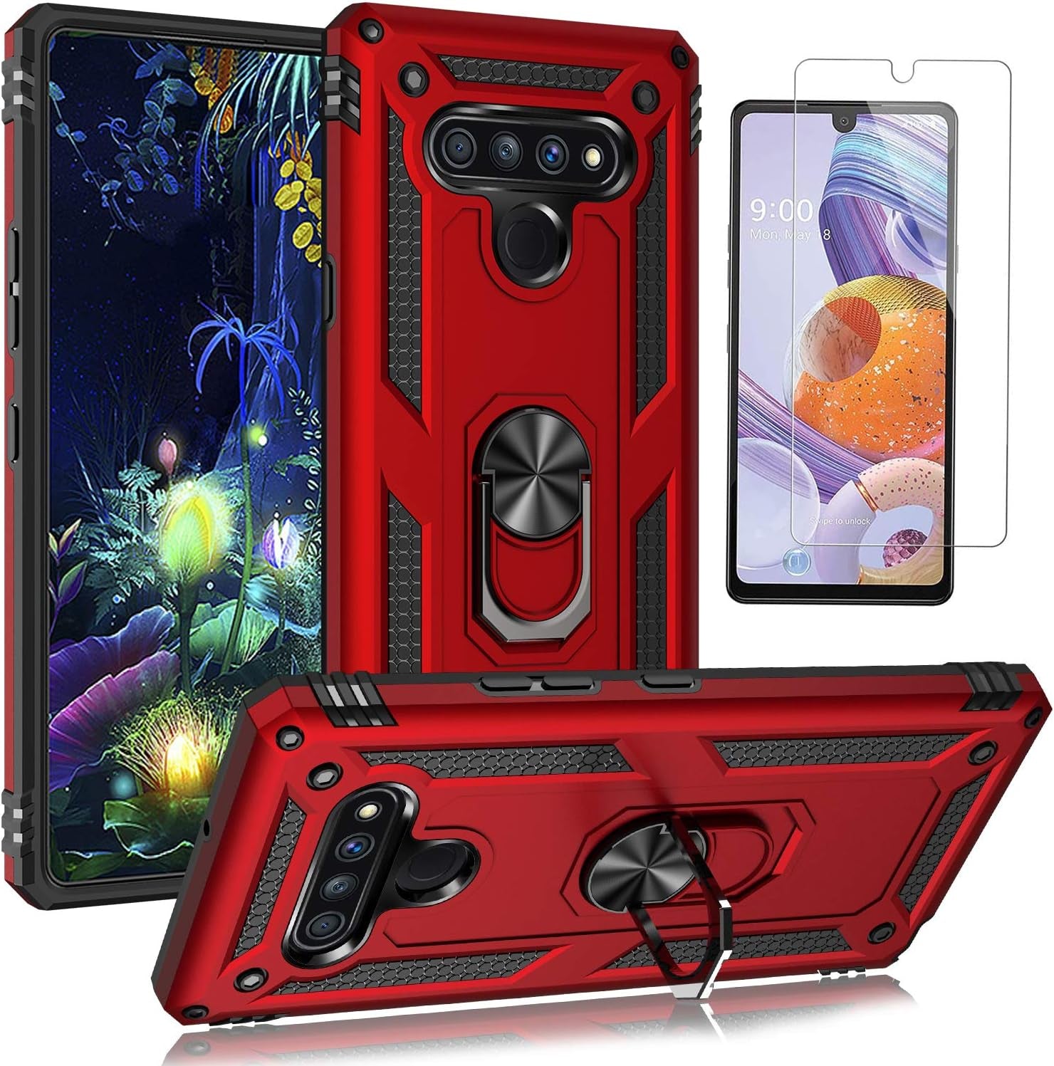 YZOK Compatible with LG Stylo 6 Case,With HD Screen Protector,Military Grade Protective Phone Case with 360 Degree Rotating Metal Ring, Holder Kickstand Cover Case for LG Stylo 6 (Blue)  YZOK Red  