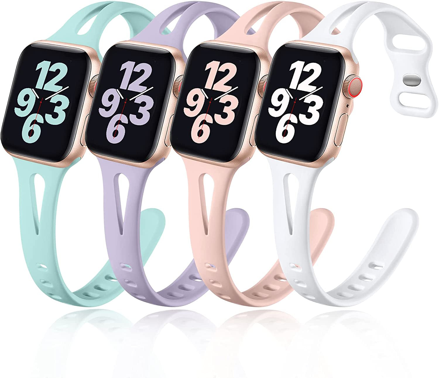 Getino Compatible with Apple Watch Band 40Mm 38Mm 41Mm Iwatch Series 8 7 6 5 4 3 2 1 SE for Women Men, Stylish Durable Silicone Slim Sport Watch Bands, 4 Pack, Cyan/Lake Blue/Starlight/Grayish Purple  Getino Pink Sand/White/Light Green/Lavender 38mm/40mm/41mm 