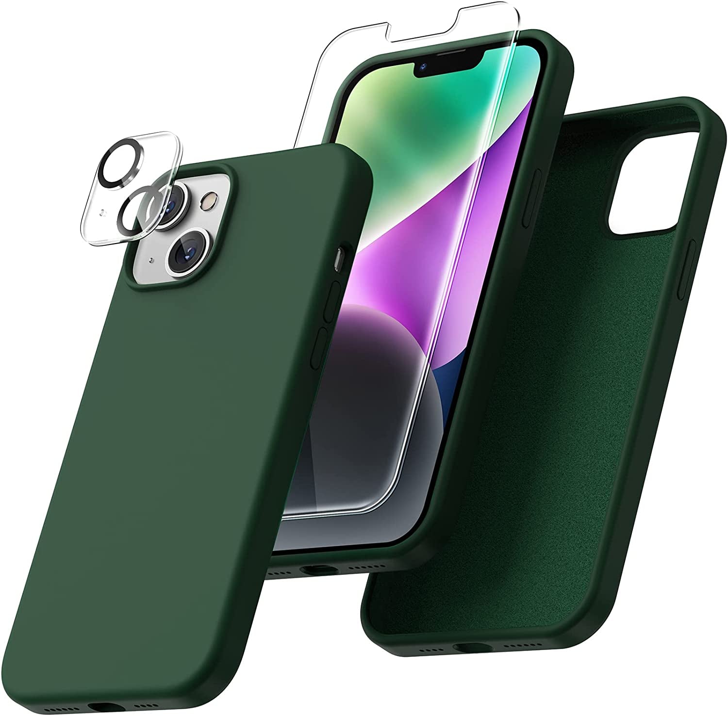 Uyiton [5 In1] Liquid Silicone Iphone 12 PRO Max Case, [Drop Protection] [Full Covered] Shockproof Slim Thin Cover with Microfiber Lining, with 2Xscreen Protector +2Xcamera Lens Protector-Green  Uyiton Alpine Green Iphone 14 Plus 