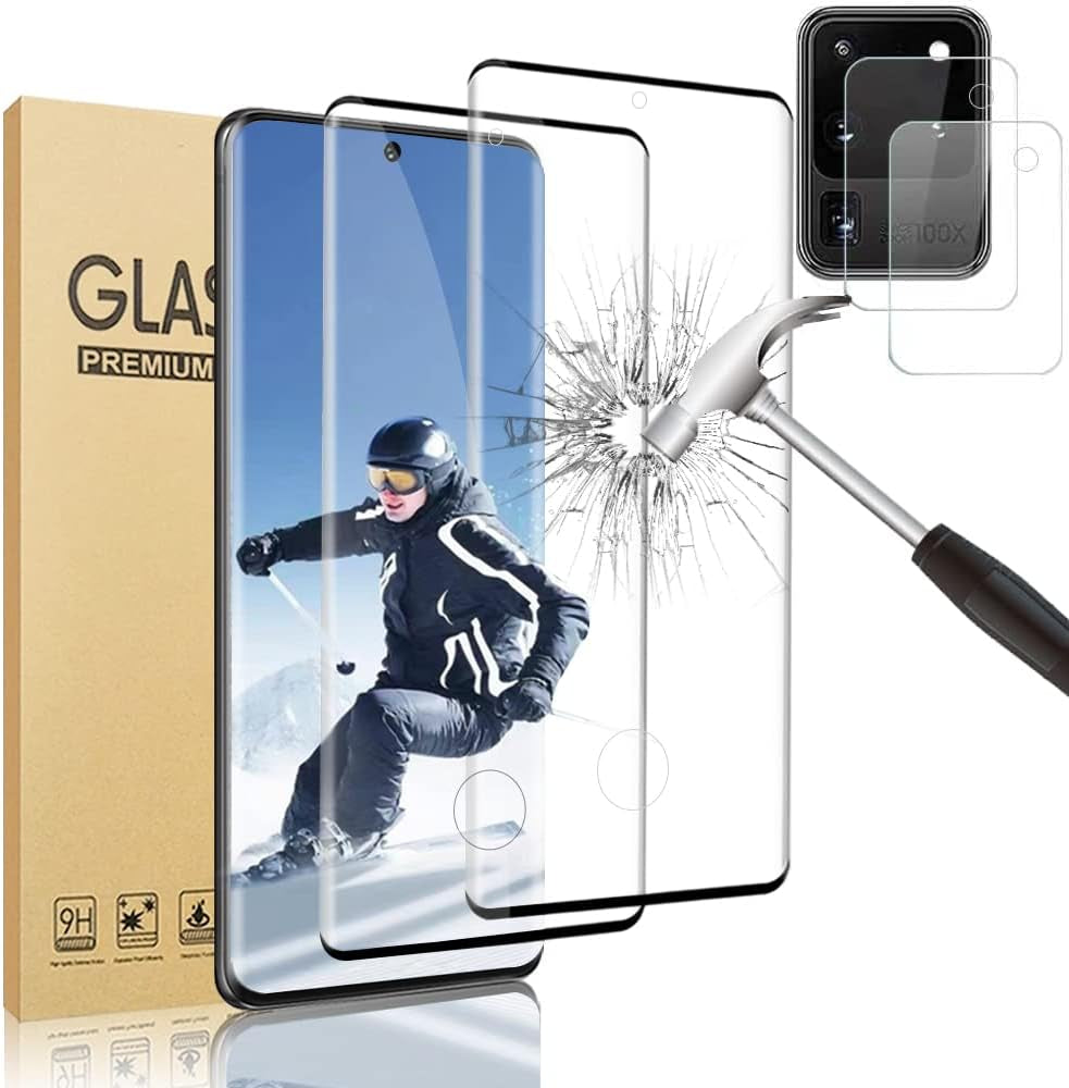 [2+2 Pack] Galaxy S20 Ultra Screen Protector and Camera Lens Protector,Fingerprint Unlock,3D Full Coverage,For Samsung Galaxy S20 Ultra (6.9 Inch) 9H Hardness Tempered Glass Screen Protector  OuYteu   