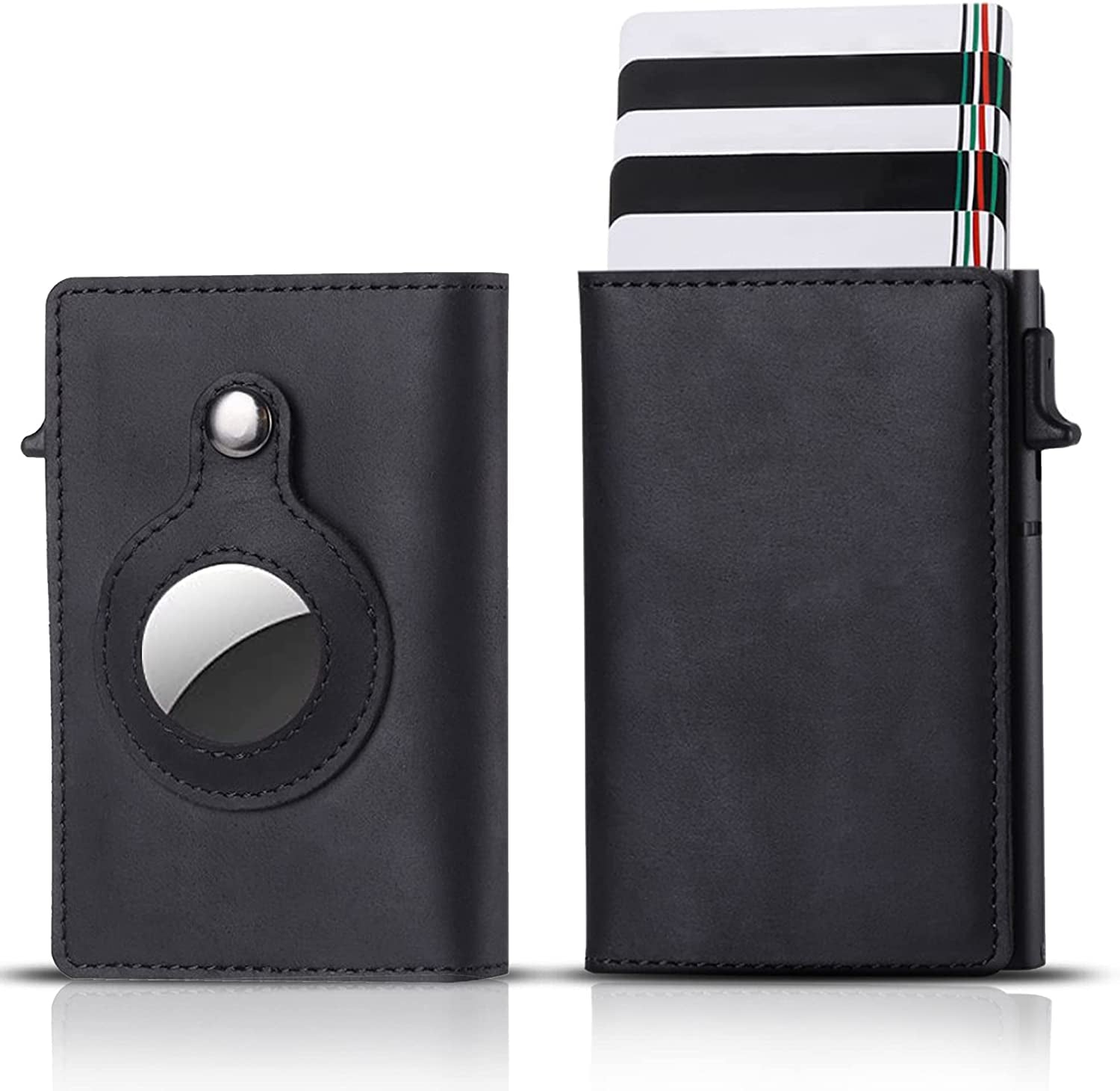 Airtag Wallet Case - Genuine Designer Leather Wallet for Men - 5-6 Pop up Credit Cards Money Holder, RFID Blocking - Slim, Thin, Trifold Wallet Air Tag Holder - Magnetic Close (Carbon Fiber)  Thepricesright4u Midnight Black  