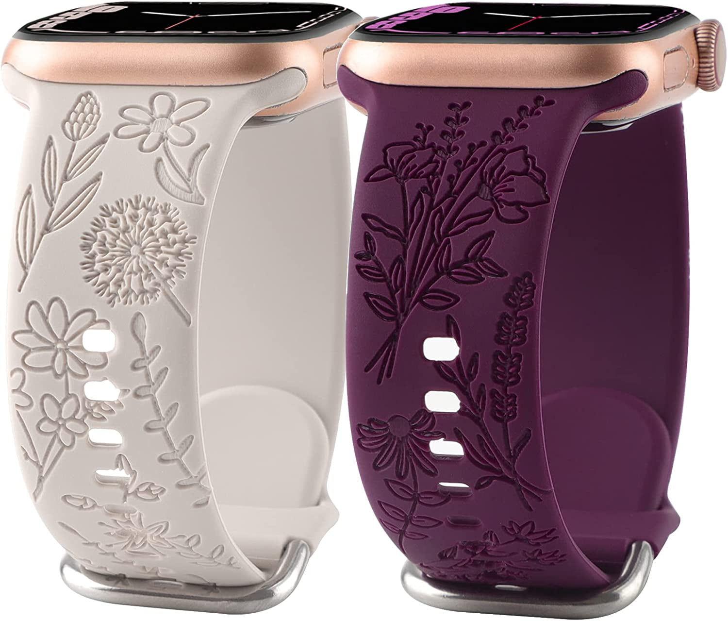 Flower Engraved Silicone Band Compatible with Apple Watch Bands 38Mm 40Mm 41Mm, Cute Women Wildflowers Floral Design Soft Sport Strap Replacement Wristbands for Iwatch Series 8 7/SE/6/5/4/3/2/1  FERJITGR Starlight Nordic Purple 38/40/41mm 