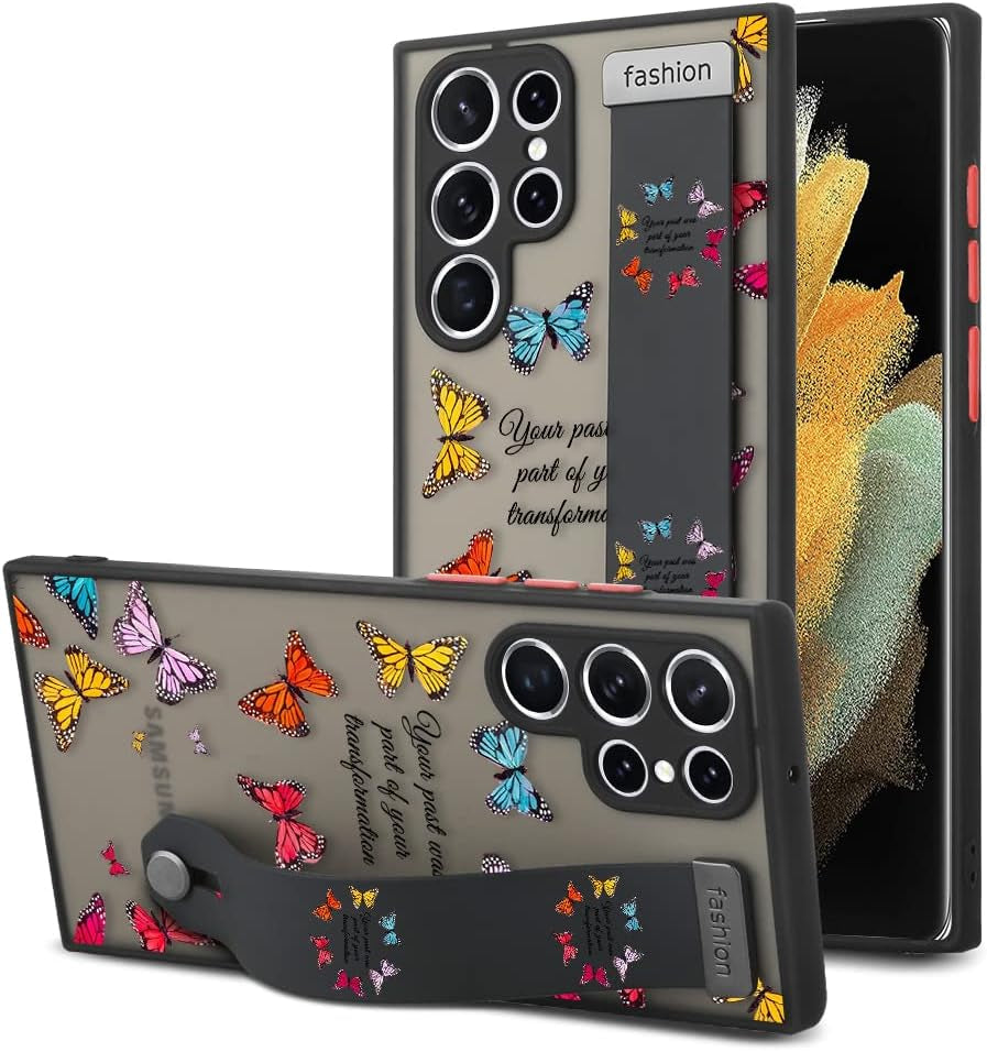 AIGOMARA Compatible Samsung Galaxy S21 Ultra Case with Strap Kickstand Butterflies Shockproof Protection Soft TPU and Hard PC Anti-Scratch Cover for S21 Ultra  AIGOMARA New Butterflies  