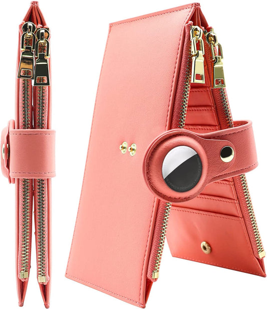 Slim Minimalist Airtag Wallet Holder Case, Genuine Leather Bifold Wallet Multifunctional RFID Blocking Front Pocket Wallet with Built-In Airtag Case for Men Women (Pink)  Cozybedin   