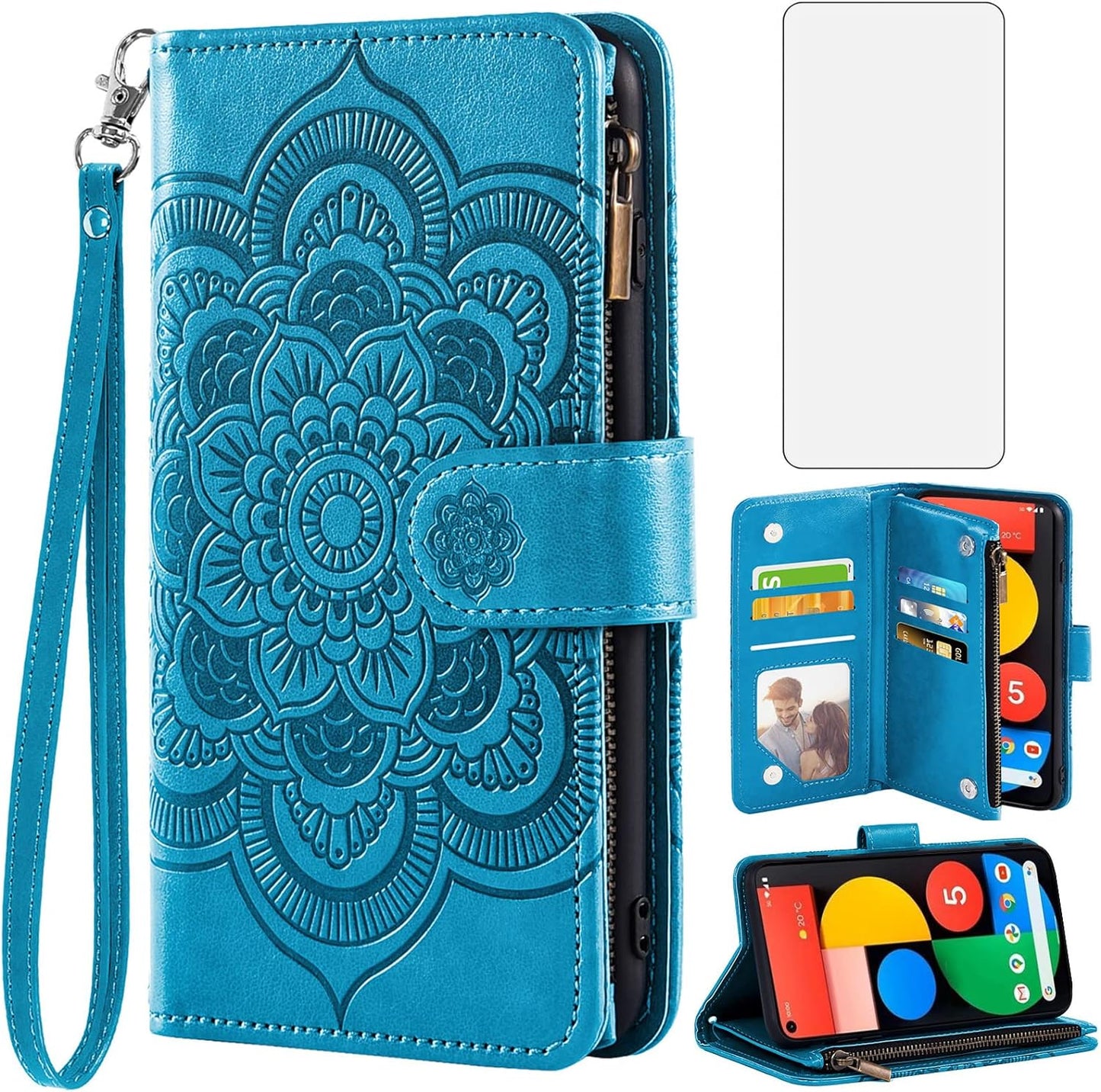 Asuwish Phone Case for Google Pixel 4A 5G 6.2 Wallet Cover with Tempered Glass Screen Protector and Flower Flip Credit Card Holder Stand Cell Pixel4A5G UW Pixel4A 5G Pixle A4 G5 4A5G Women Men Grey  Asuwish Blue For Pixel 4A 5G 