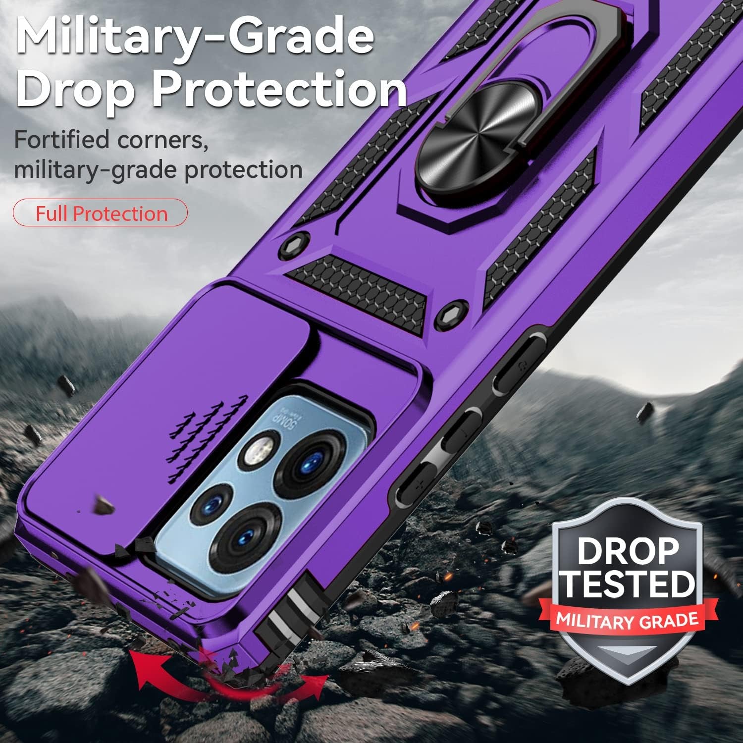 For Motorola Edge plus 2023 Case W/ Slide Camera Cover HD Screen Protector [Military Grade 16Ft. Drop Tested] Magnetic Ring Holder Kickstand Protective Phone Case for Motorola Edge+ plus 2023, Purple  PUSHIMEI Co., Ltd.   