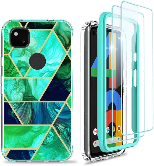 Jeylly Google Pixel 4A Case with Tempered Glass Screen Protector [2 Pack] [Not for 4A 5G], Hybrid Shockproof Slim Stylish Marble Design Protective Case for Google Pixel 4A 5.8 Inch (2020), Jade Green  Jeylly   