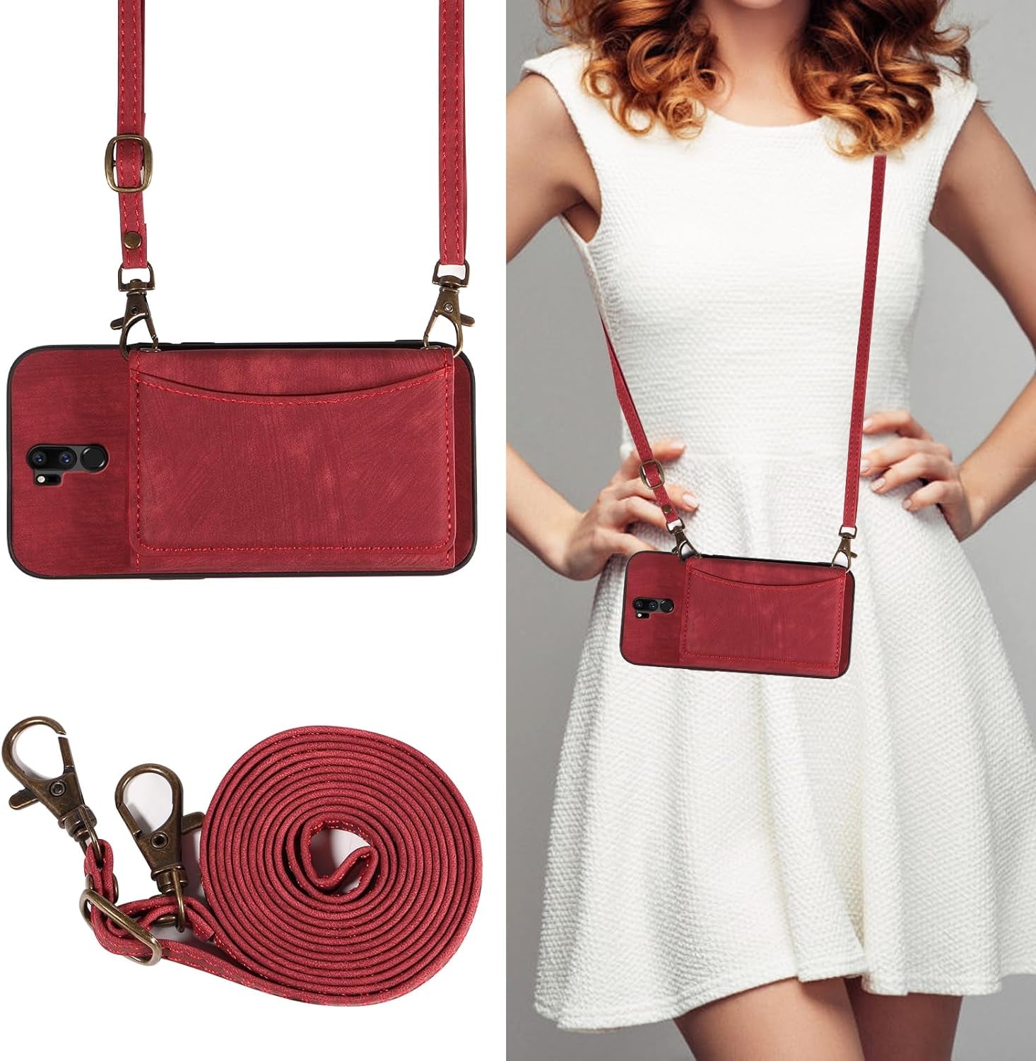 Phone Case for LG G7 Thinq Wallet Cover with Crossbody Shoulder Strap and Leather Credit Card Holder Pocket Slim Stand LGG7 One G 7 plus LG7 Fit Lg7Thinq 7G Thin Q G7+ G7Thinq Lgg7Thinq Girls Red  Dswteny   