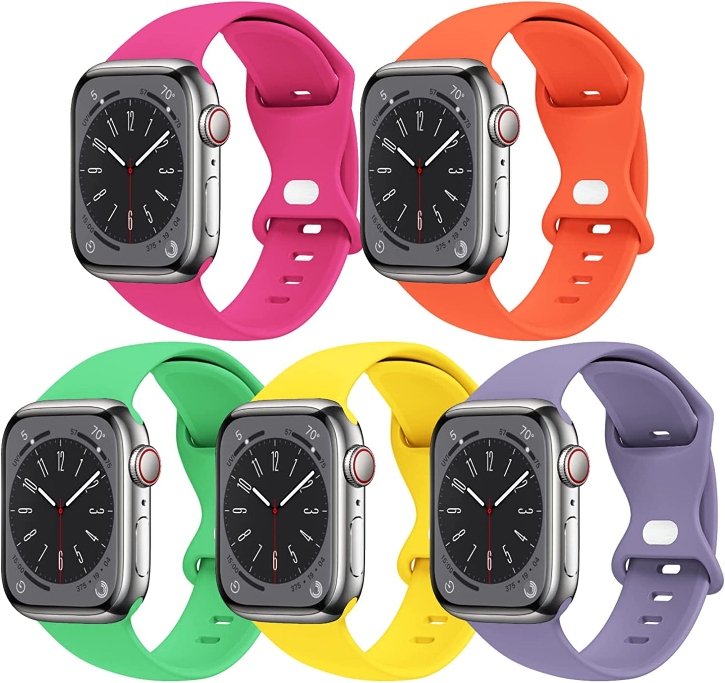 [5 PACK] STG Sport Watch Band Compatible with Apple Watch Band 38Mm 40Mm 41Mm 42Mm 44Mm 45Mm 49Mm Soft Silicone Replacement Sport Strap Compatible for Iwatch Ultra SE Series 8/7/6/5/4/3/2/1 (38Mm/40Mm/41Mm S/M, 5 PACK  STG 5 PACK E - Hot Pink/Bright Orange/Bright Green/Neon Yellow/English Lavender 42mm/44mm/45mm/49mm M/L 
