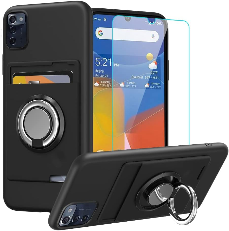 Anneey for Oneplus 11 5G Phone Case with Tempered Glass Screen Protector, Card Holder with Ring Stand Case for 1+ 11 5G Cover - Black  Anneey Consumer Cellular Zmax 5G  