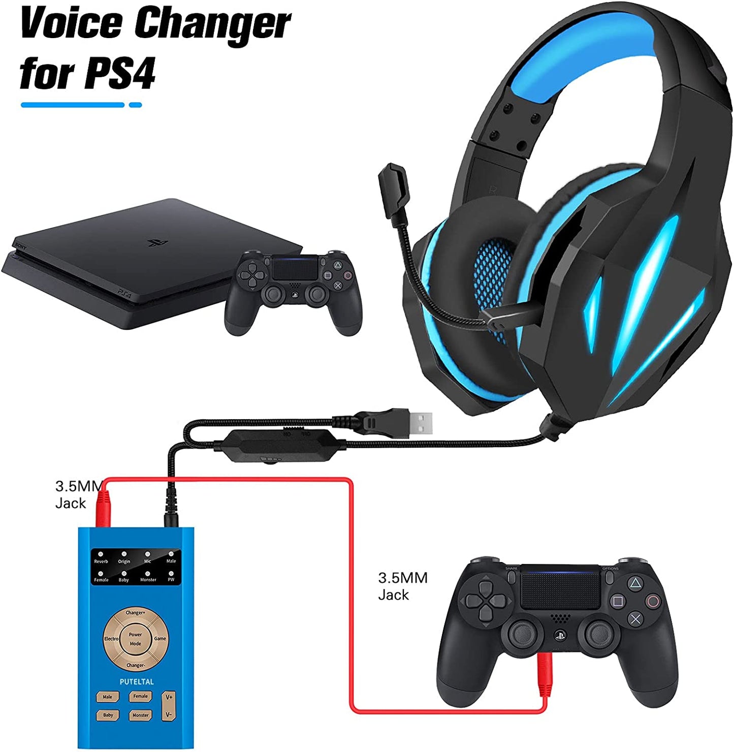 PUTELTAL Adjustable Gaming Voice Changer Disguiser for Ps4/Xbox One/S/X/Ps5/Computer/Laptop/Smart Phone & More-Bue  PUTELTAL   