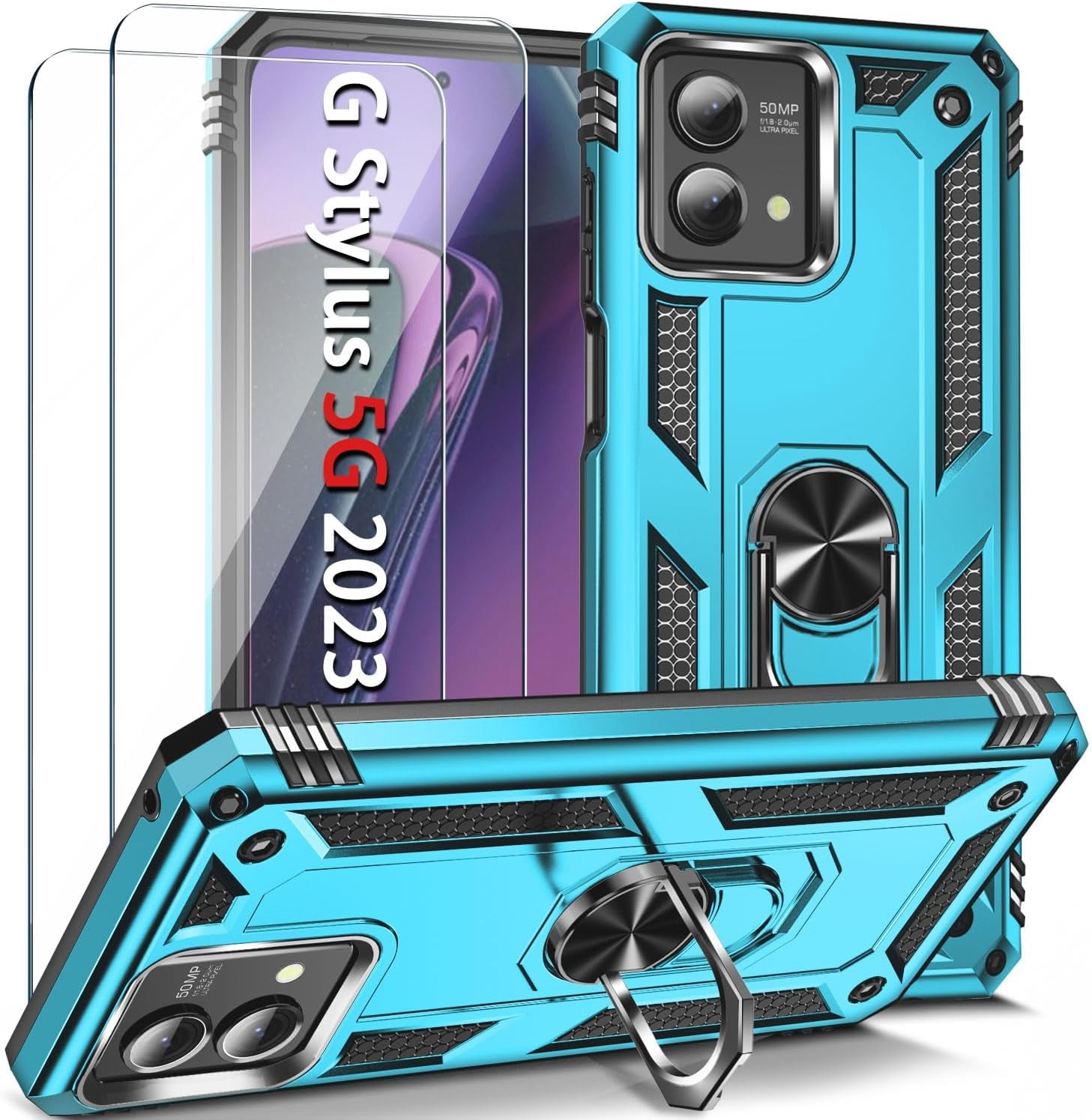 𝟮𝟬𝟮𝟯 𝗡𝗘𝗪 for Moto G Stylus 5G 2023 Case with [2 Packs] Tempered Glass Screen Protector,[Military-Grade] Rugged Full Body Shockproof Case with Kickstand for Motorola Moto G Stylus 5G 2023,Purple  Pevezeda Teal  