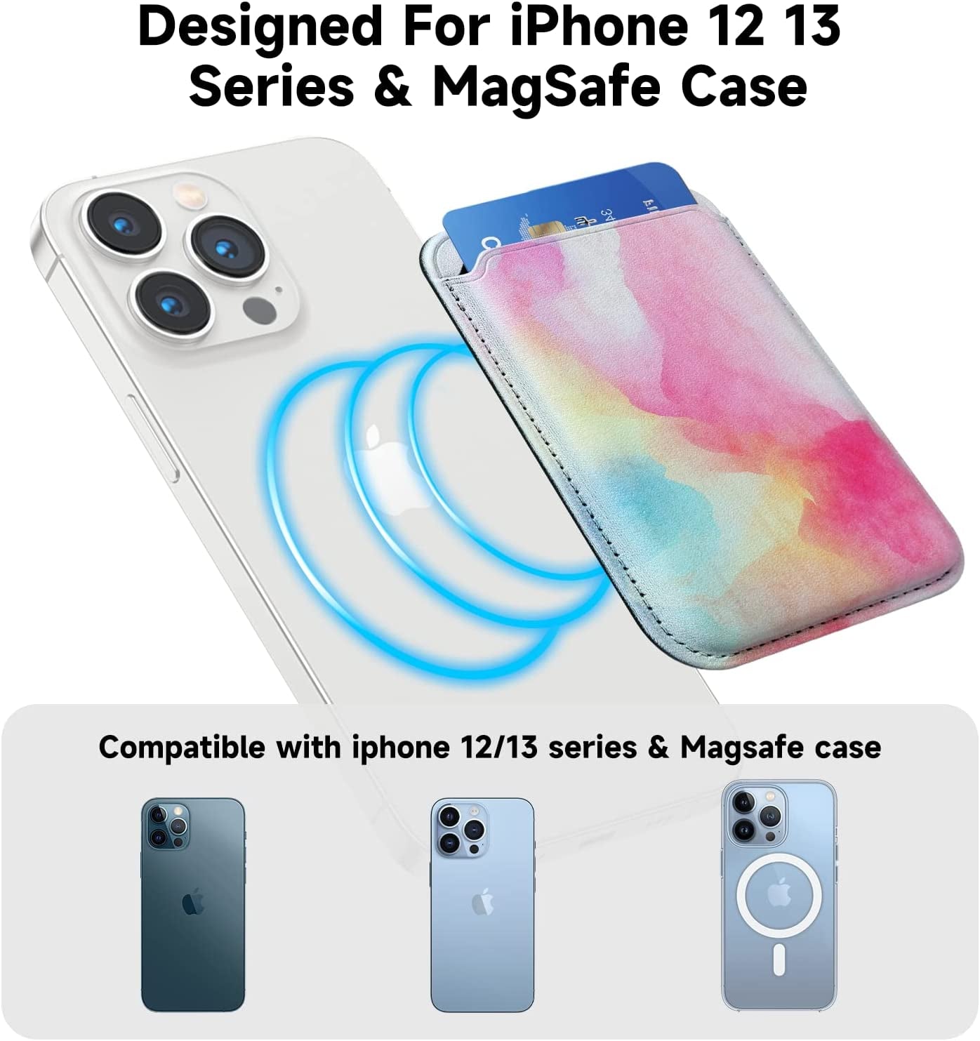 KECC Magsafe Wallet Compatible with Apple Iphone 13 12 Pro Max | Ultra Strong Magnetic Wallet Card Holder Pouch | Italian Leather, Slim, Lightweight (Rainbow Mist)  KECC   