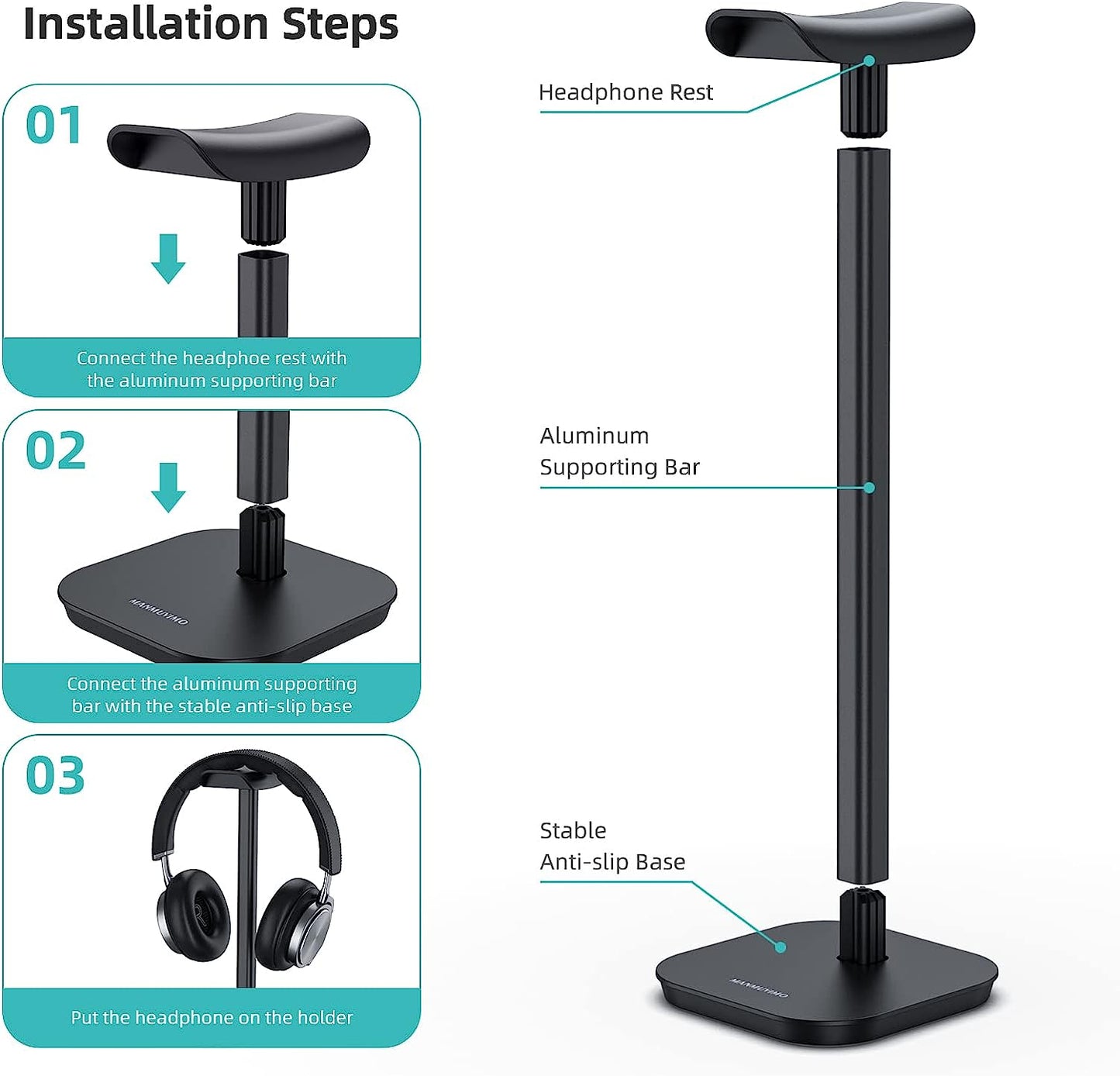 MANMUVIMO Headphone Stand, Desktop Headset Holder Aluminum Earphone Stand for All Gaming Headsets Such as Airpods Max, Sony, Beats, Bose, Sennheiser, Hyperx(Black)  MANMUVIMO   