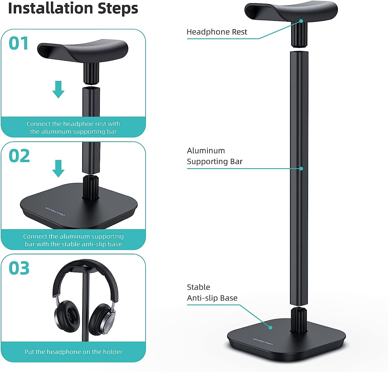 MANMUVIMO Headphone Stand, Desktop Headset Holder Aluminum Earphone Stand for All Gaming Headsets Such as Airpods Max, Sony, Beats, Bose, Sennheiser, Hyperx(Black)  MANMUVIMO   