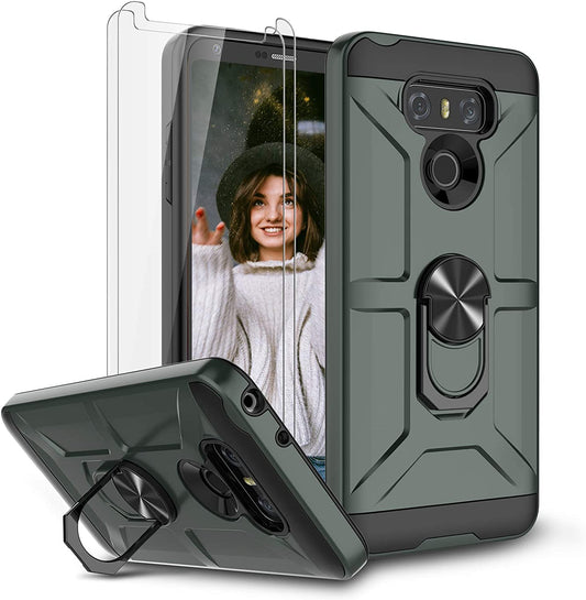 Jeylly Case for LG G6 with Tempered Glass Screen Protector, 360 Rotating Ring Kickstand Holder [Work with Magnetic Car Mount] Armor Defender Shockproof Case for LG G6 2017,Midnight Green  Jeylly   