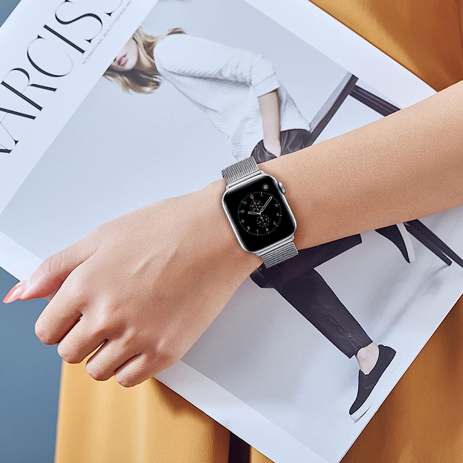 ZXCASD Metal Bands Compatible with Apple Watch Band 42Mm 44Mm 45Mm 49Mm Women Men,Silver Loop Adjustable Mesh Strap for Iwatch Series 8 7 6 5 4 3 2 1 SE Ultra  ZXCASD-20   