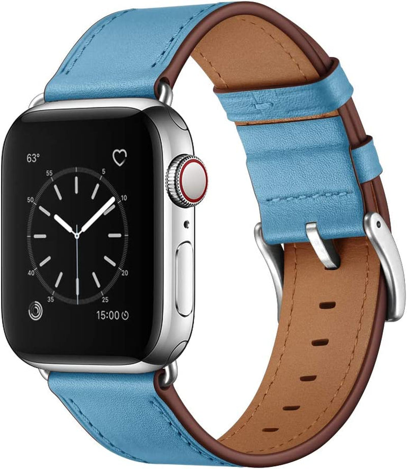 OUHENG Compatible with Apple Watch 49Mm 45Mm 44Mm 42Mm, Genuine Leather Band Replacement Strap Compatible with Apple Watch Ultra Series 8/7/6/5/4/3/2/1/SE2/SE, Black Band with Black Adapter  OUHENG Light Blue/Silver 49mm/45mm/44mm/42mm 