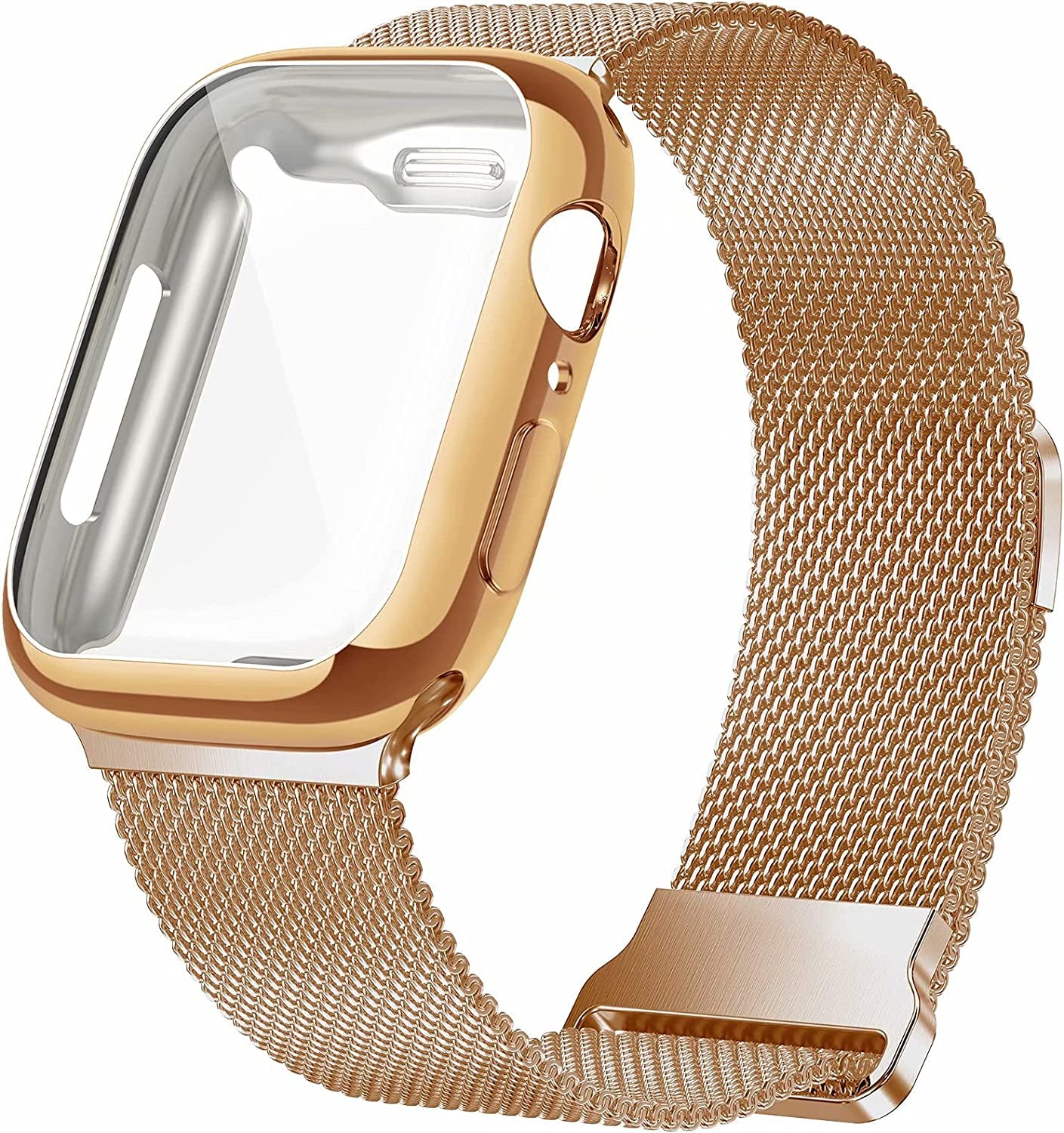 Geoumy Metal Magnetic Bands Compatible for Apple Watch Band 45Mm with Case, Stainless Steel Milanese Mesh Loop Replacement Strap Compatible with Iwatch Series 8/7/6/5/4/3/2/1 SE Women Men,Starlight  Geoumy Rose Gold 44 mm 