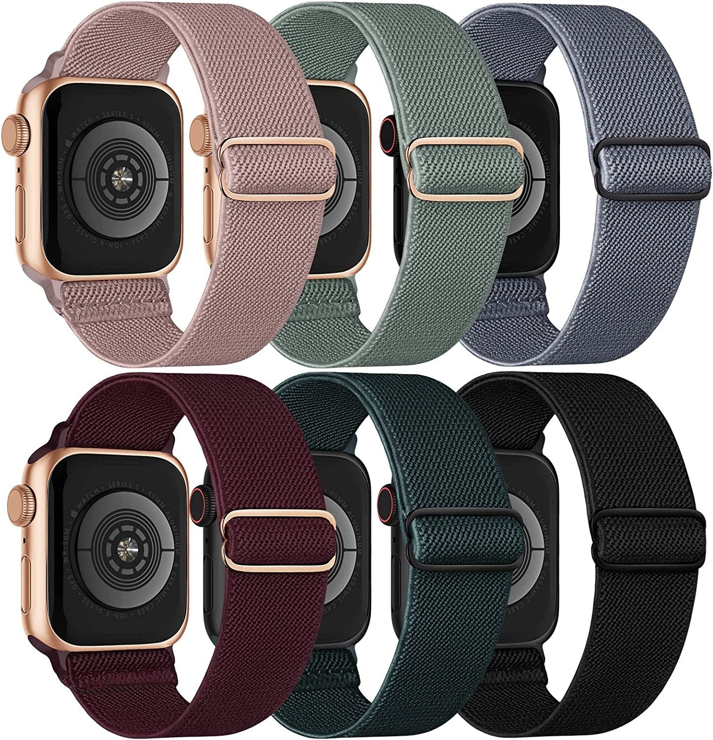 Stretchy Solo Loop Compatible with Apple Watch Band 38Mm 40Mm 41Mm 42Mm 44Mm 45Mm 49Mm Iwatch Series8/7/6/5/4/3/2/1/Se/Ultra  Recoppa Black/Blue-Gray/Deep-Green/Wine/Dark-Pink/Turquoise 38MM/40MM/41MM 