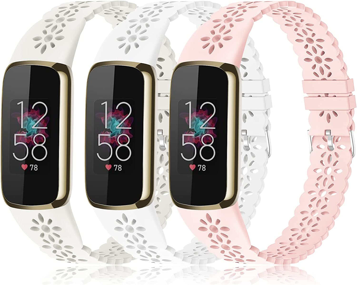 3 Pack Slim Sport Bands Compatible with Fitbit Luxe Band for Women, Soft Silicone Lace Thin Hollow-Out Replacement Wristbands Breathable Bands for Fitbit Luxe Fitness Smart Watch  Wewatri I-Starlight Gray/White/Pink Suits for 5.6"-7.1" Wrists 