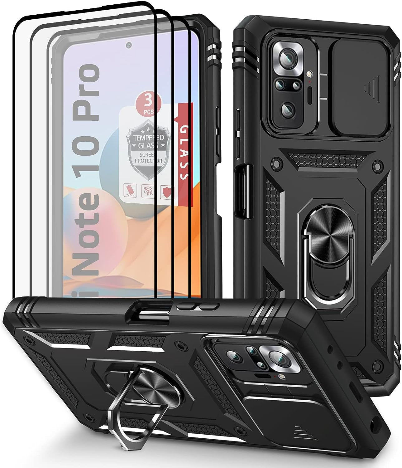 Xiaomi Redmi Note 10 Pro Case, Redmi Note 10 Pro MAX Case with 3 Pcs Tempered Glass Screen Protector Built in Ring Stand Kickstand + Camera Cover, Hard PC Soft TPU Defender Full Body Armor Case -White  ANOUKE Black  