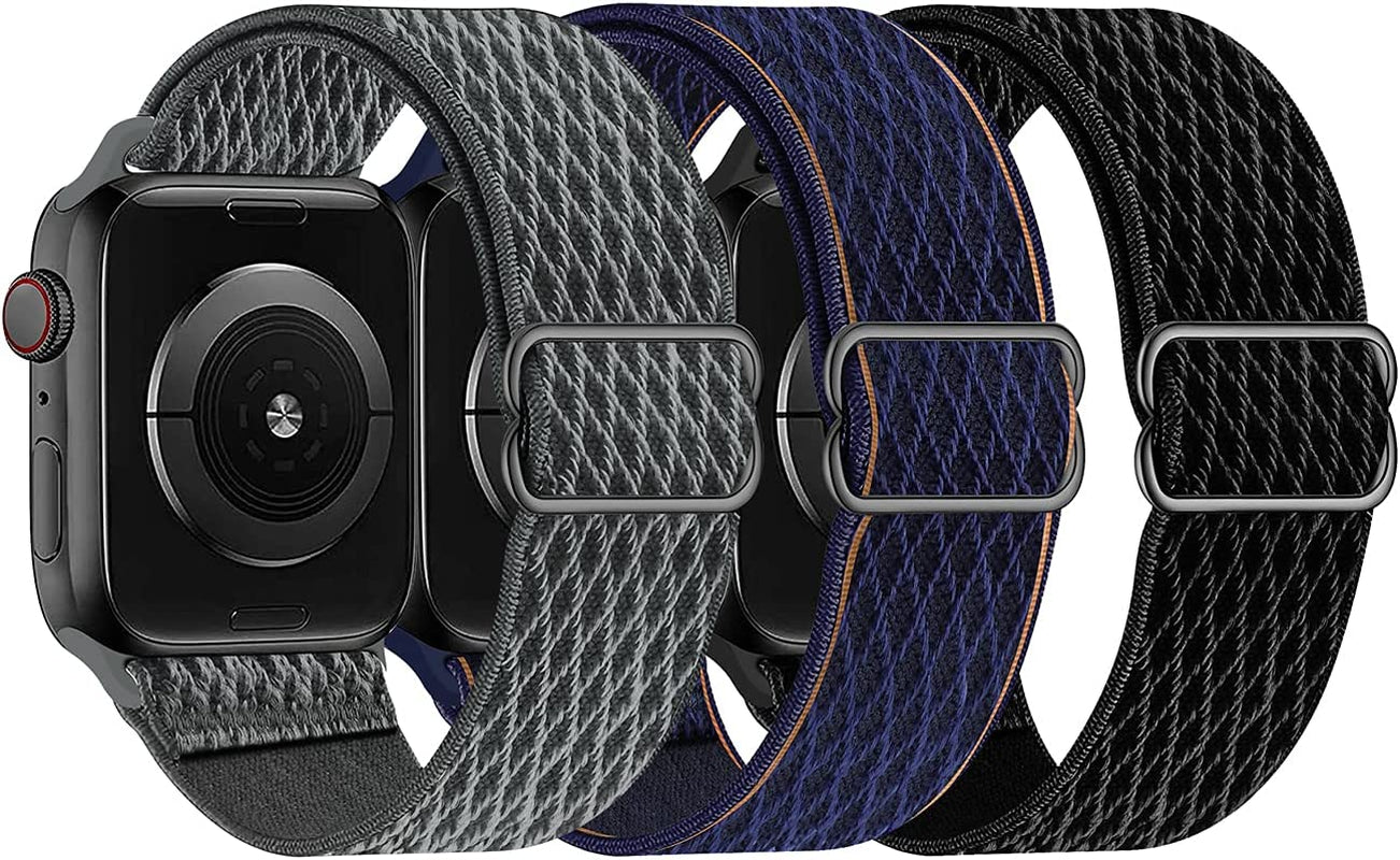 Swhatty Stretchy Nylon Solo Loop Bands Compatible with Apple Watch 41Mm 40Mm 38Mm, Adjustable Braided Sport Elastics Women Men Strap for Iwatch Series 8 7 6 5 4 3 2 1 SE (Black, Rose Pink, Cream)  Swhatty Black/Storm gray/Deep Navy 38mm/40mm/41mm 