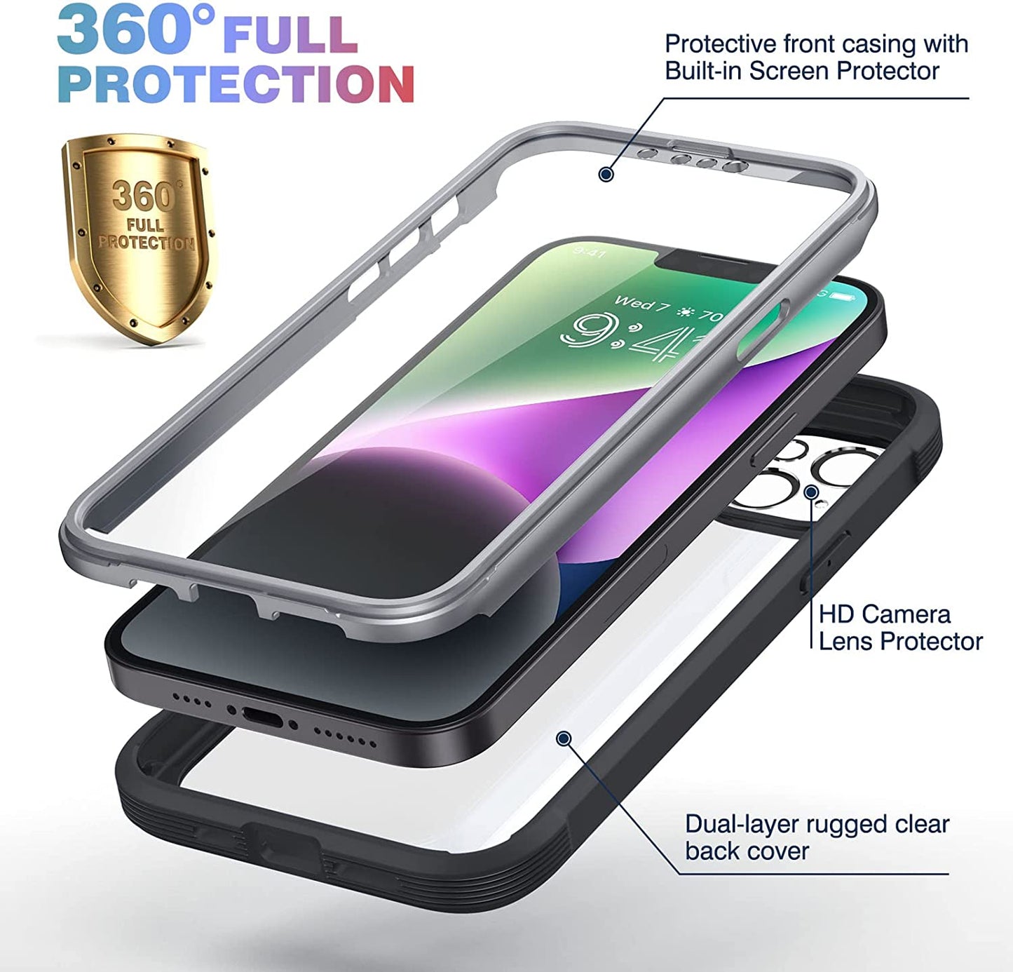 Diaclara Designed for Iphone 14 Case, Full Body Rugged Case with Built-In Touch Sensitive Anti-Scratch Screen Protector, with Camera Lens Protector for Iphone 14 6.1" (Black and Clear)  Diaclara   