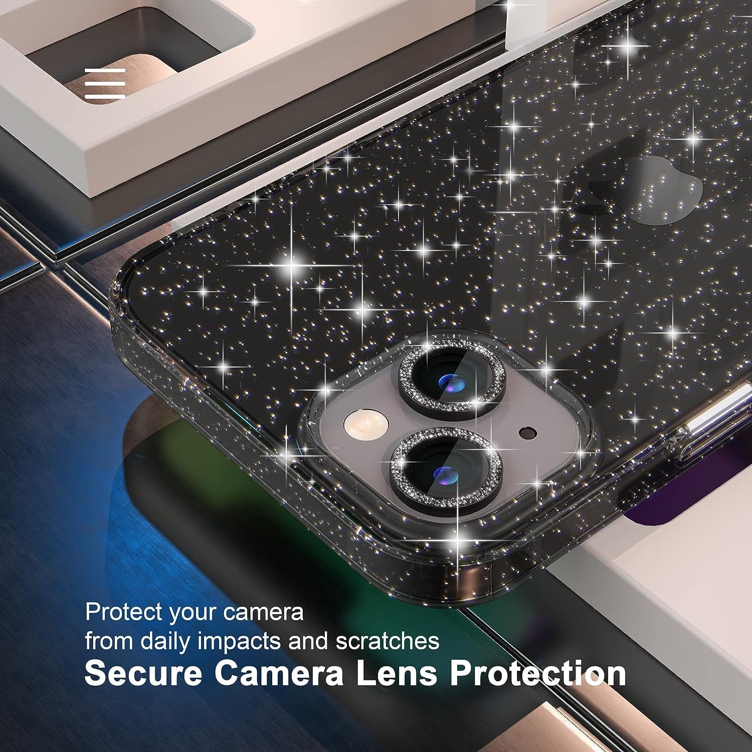 Choiche Compatible for Iphone 14 plus Case Cute, Women Clear Glitter Bling Sparkly Case, [2 X Diamond Camera Lens Protectors] [2 X Tempered Glass Screen Protectors] 6.7-Inch (Glitter Black)  Choiche   