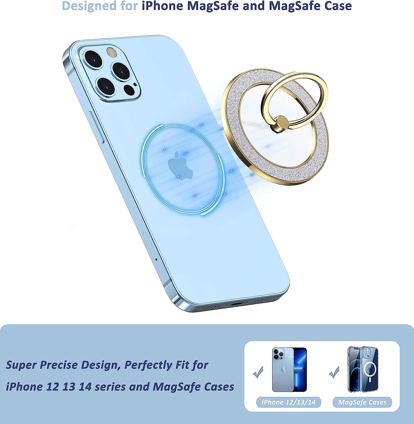 Magnetic Phone Ring Holder for Magsafe - Pikabo Magnetic Phone Grip, Phone Stand, Phone Finger Ring for Iphone Magsafe, Compatible with Wireless Charging. (Glitter Gold)  Pikabo   