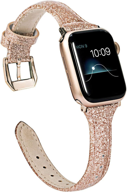 Wearlizer Rose Gold Leather Compatible with Apple Watch Leather Bands 38Mm 40Mm 41Mm Womens for Iwatch Series 8 7 6 5 4 3 2 1 SE Shiny Slim Smooth Wristband Bling Glitter Strap (Gold Clasp)  Wearlizer   