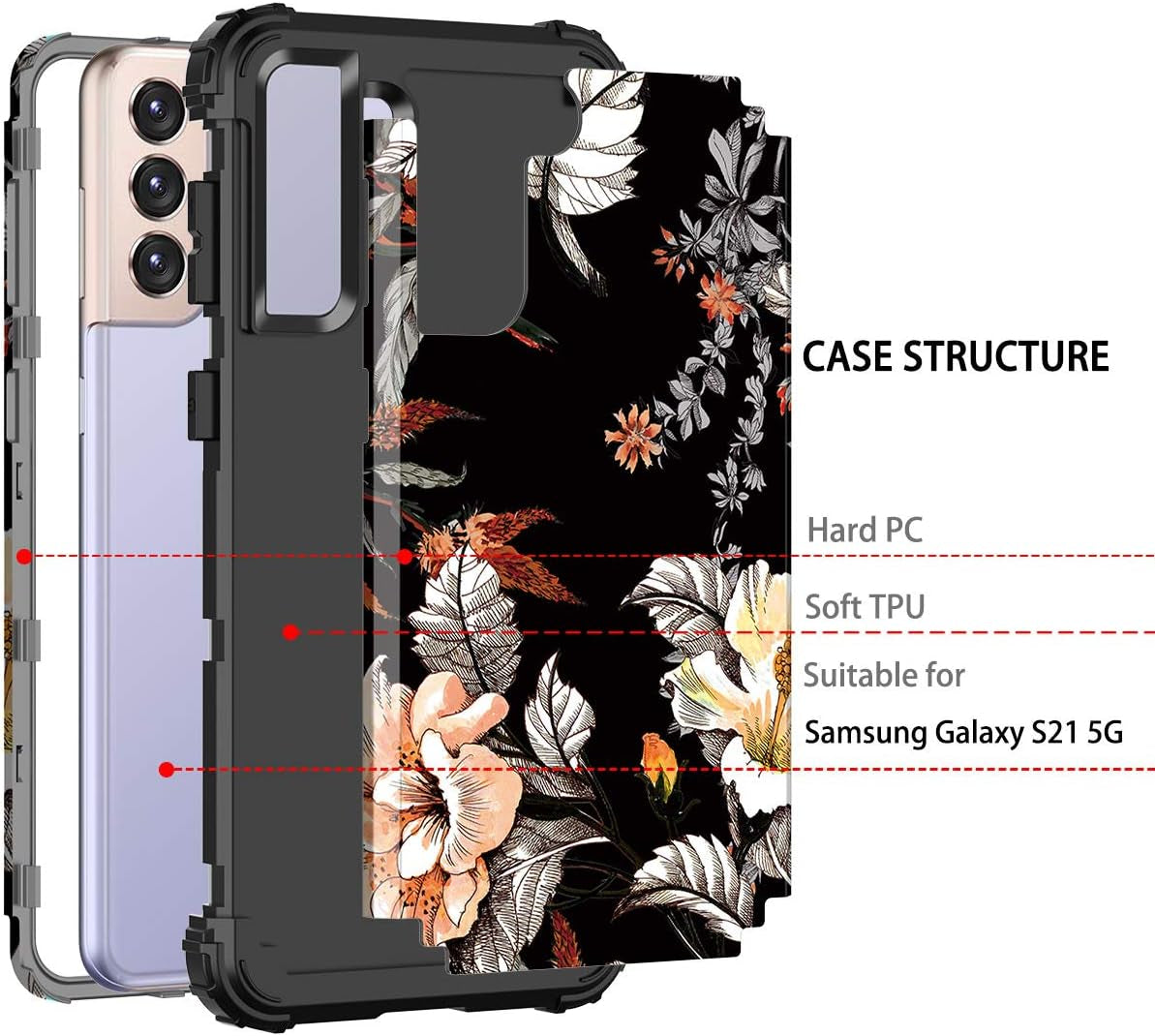 Casetego for Galaxy S21 5G Case,Floral Three Layer Heavy Duty Sturdy Shockproof Soft Tpu+Hard PC Protective Cover Case for Samsung Galaxy S21 5G 6.2 Inch,Orange/Black  Casetego   