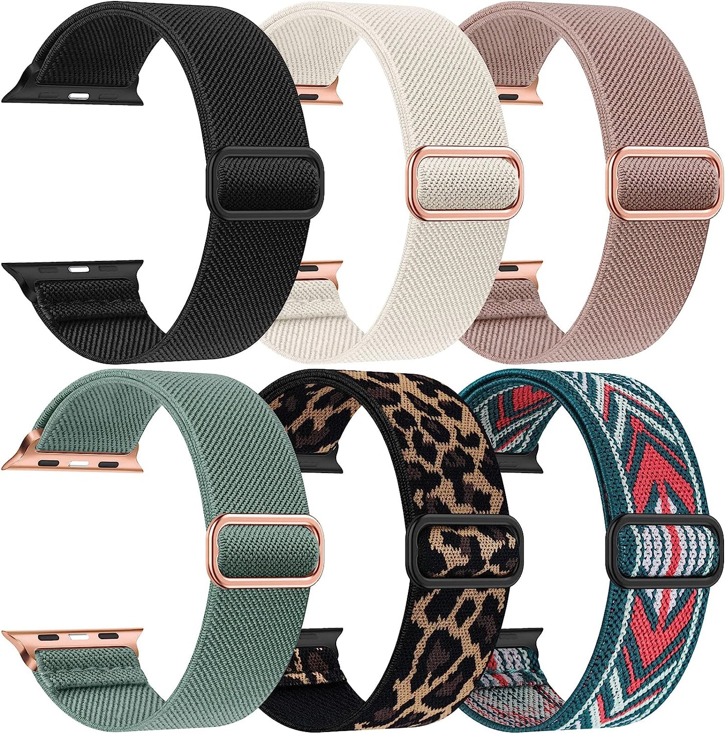 OYODSS 6 Pack Stretchy Solo Loop Band Compatible with Apple Watch Bands 38Mm 40Mm 41Mm 42Mm 44Mm 45Mm 49Mm, Nylon Sport Strap with Metal Connectors for Iwatch Ultra Series 8/7/6/5/4/3/2/1 SE Women Men  OYODSS Black/Starlight/Sand Pink/Cactus/Leopard/Green Arrow 38/40/41MM 