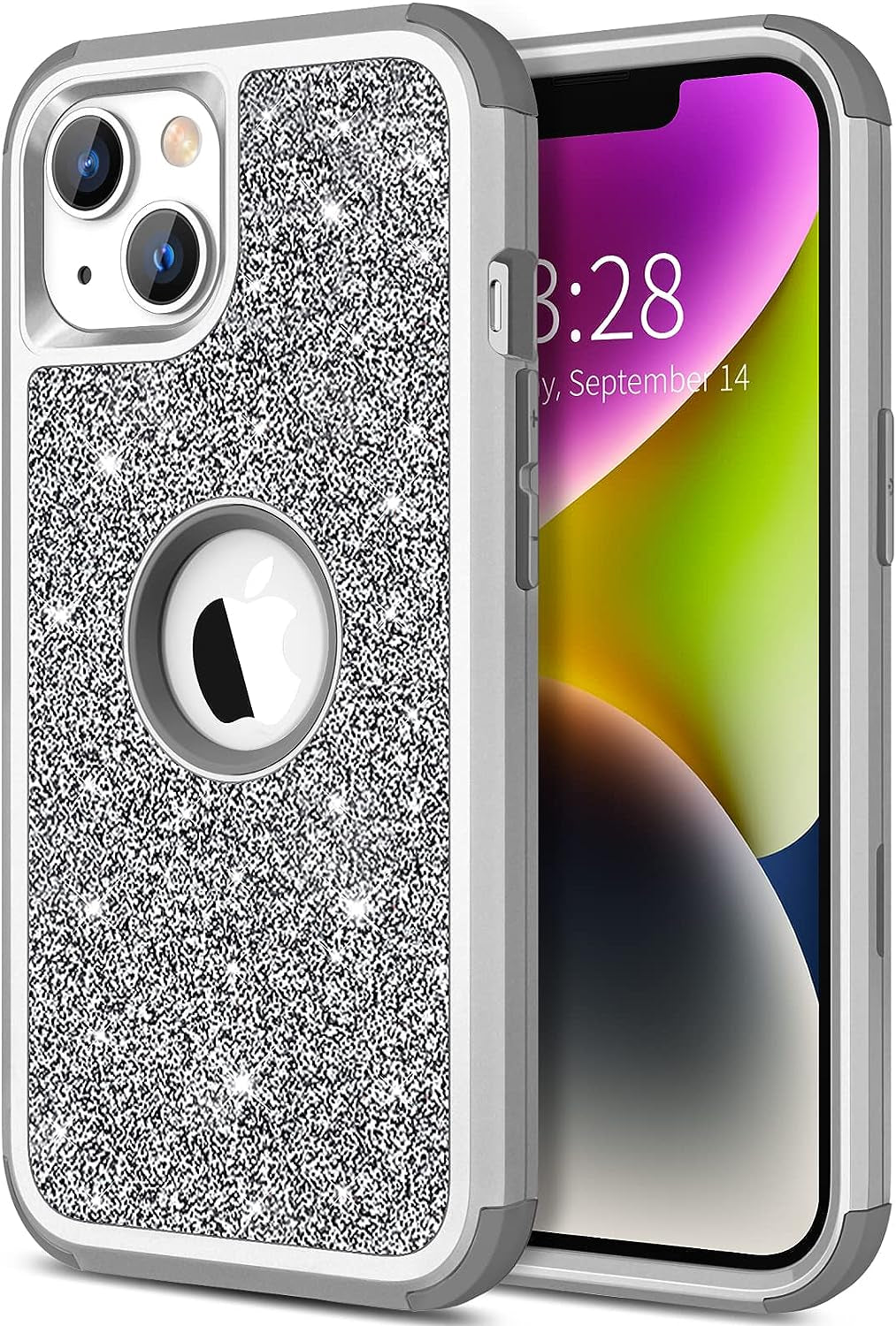 Hython for Iphone 14 plus Case, Heavy Duty Full-Body Defender Protective Phone Cases Glitter Bling Sparkle Hard Shell Hybrid Shockproof/Drop Proof 3-Layer Military Rubber Bumper Cover for Women Girls  Hython Gray  