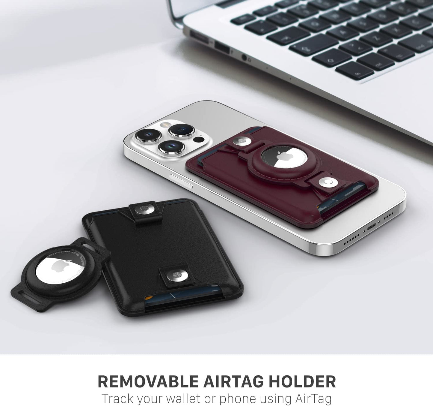 VENA Magsafe Wallet for Iphone with Airtag Holder, Card Holder, RFID Protection, 3-In-1 Detachable Magnetic Leather Case with Kickstand for Iphone 14/13/12 Series - Burgundy Red  Vena   