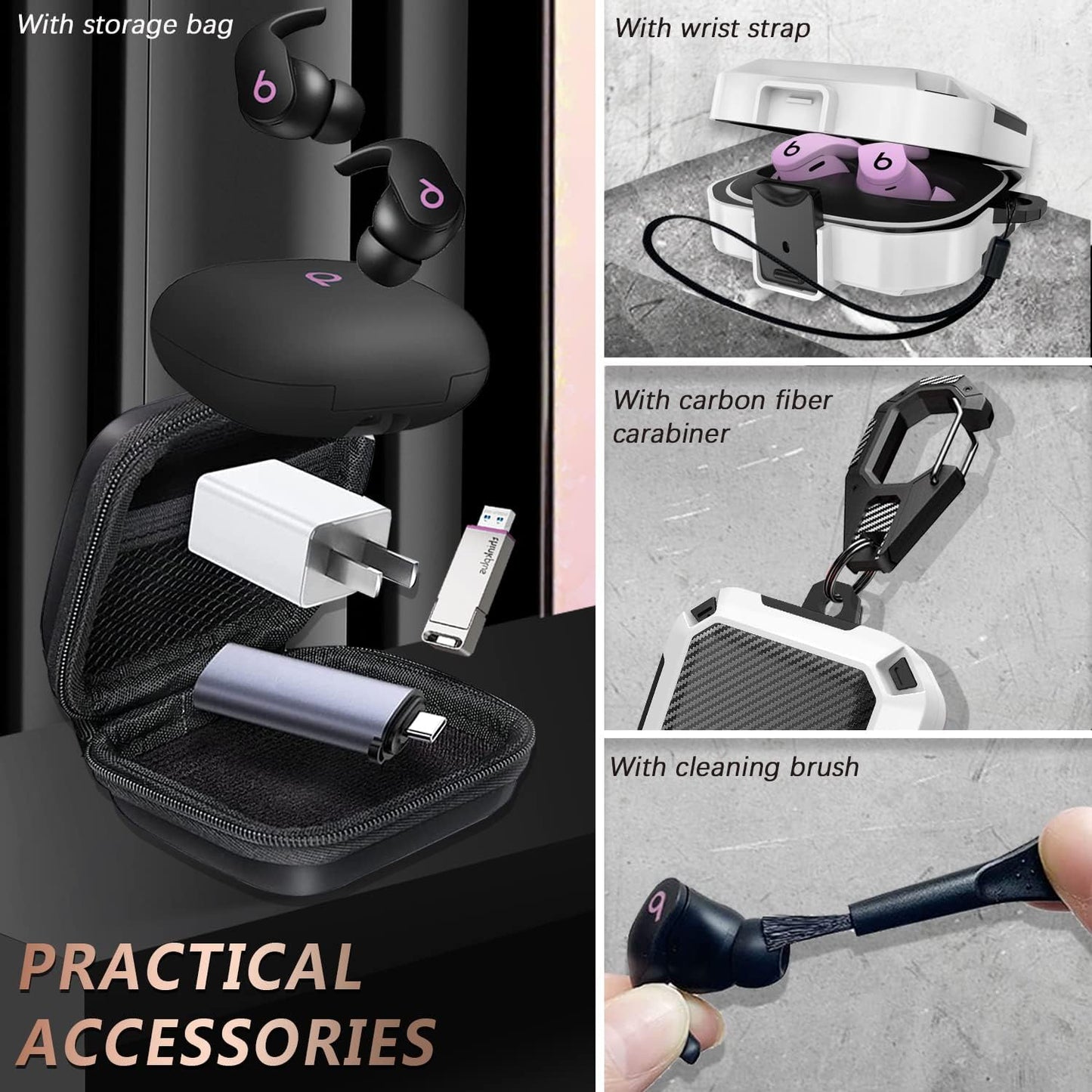 Secure Lock Case for Beats Fit Pro 2021, Carbon Fiber Texture Beats Fit Pro Earbuds Case Cover with Anti-Lost Keychain/Storage Box/Cleaning Brush/Wrist Strap. (White)  Mooyavia   