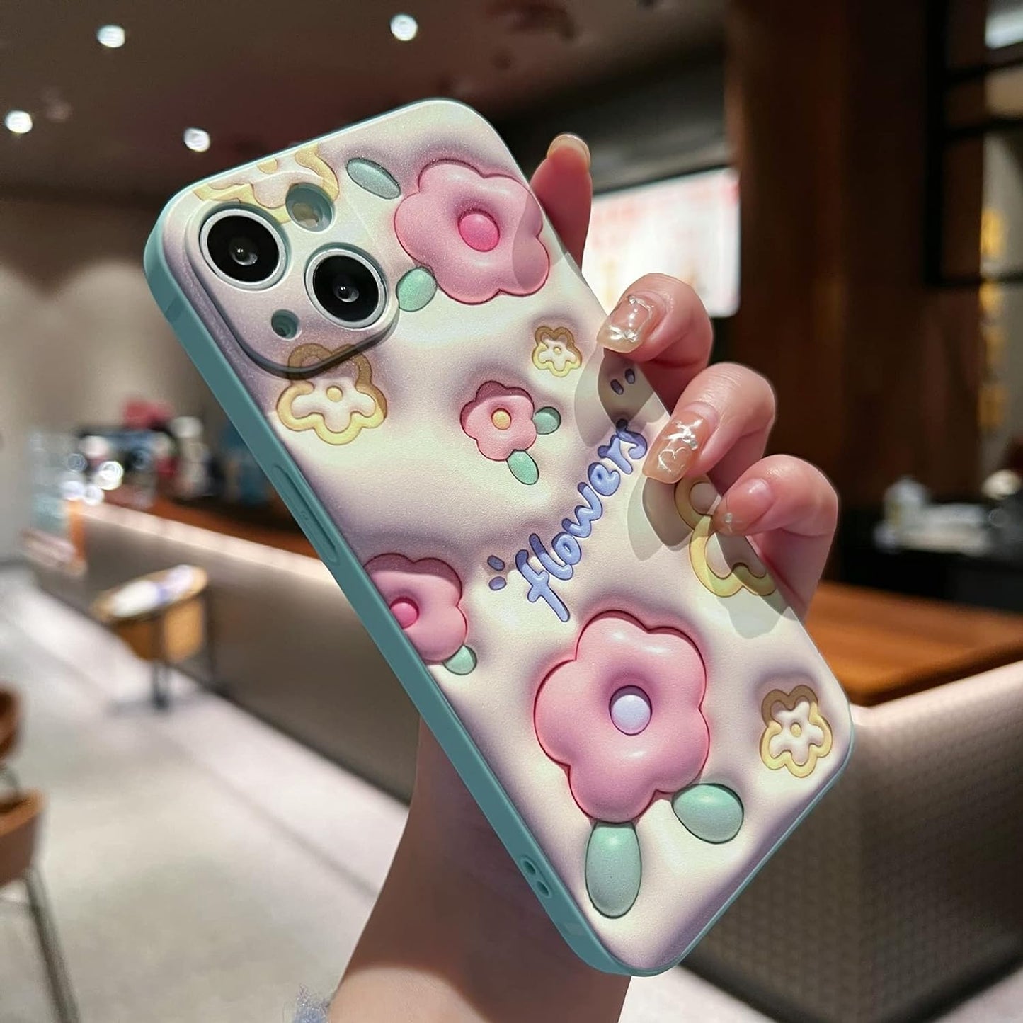 GUSDBSW Cute Iphone 14 plus Case for Women Girls, Lovely Floral Strawberry Pattern Wave Comfortable Grip Design for Girly, Slim Thin Soft Flexible TPU Clear Protective Phone Case - Blueberry Flower  GUSDBSW 3D Green Matte Flower Iphone 12 