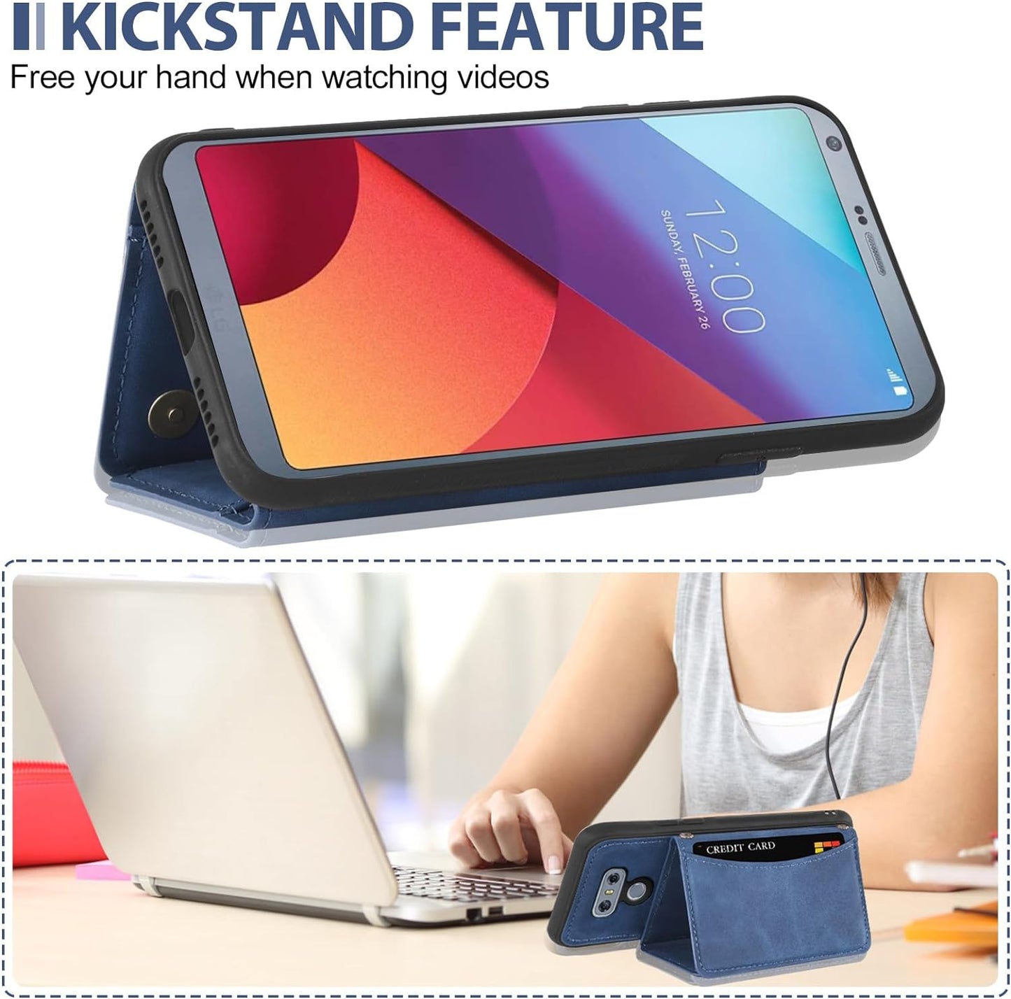 Asuwish Phone Case for LG G6 Wallet Cover with Tempered Glass Screen Protector and PU Leather Credit Card Holder Stand Cell Accessories LGG6 Thinq LG6 Thin Q G 6 plus G6+ 6G VS988 H872 Women Men Blue  Asuwish   