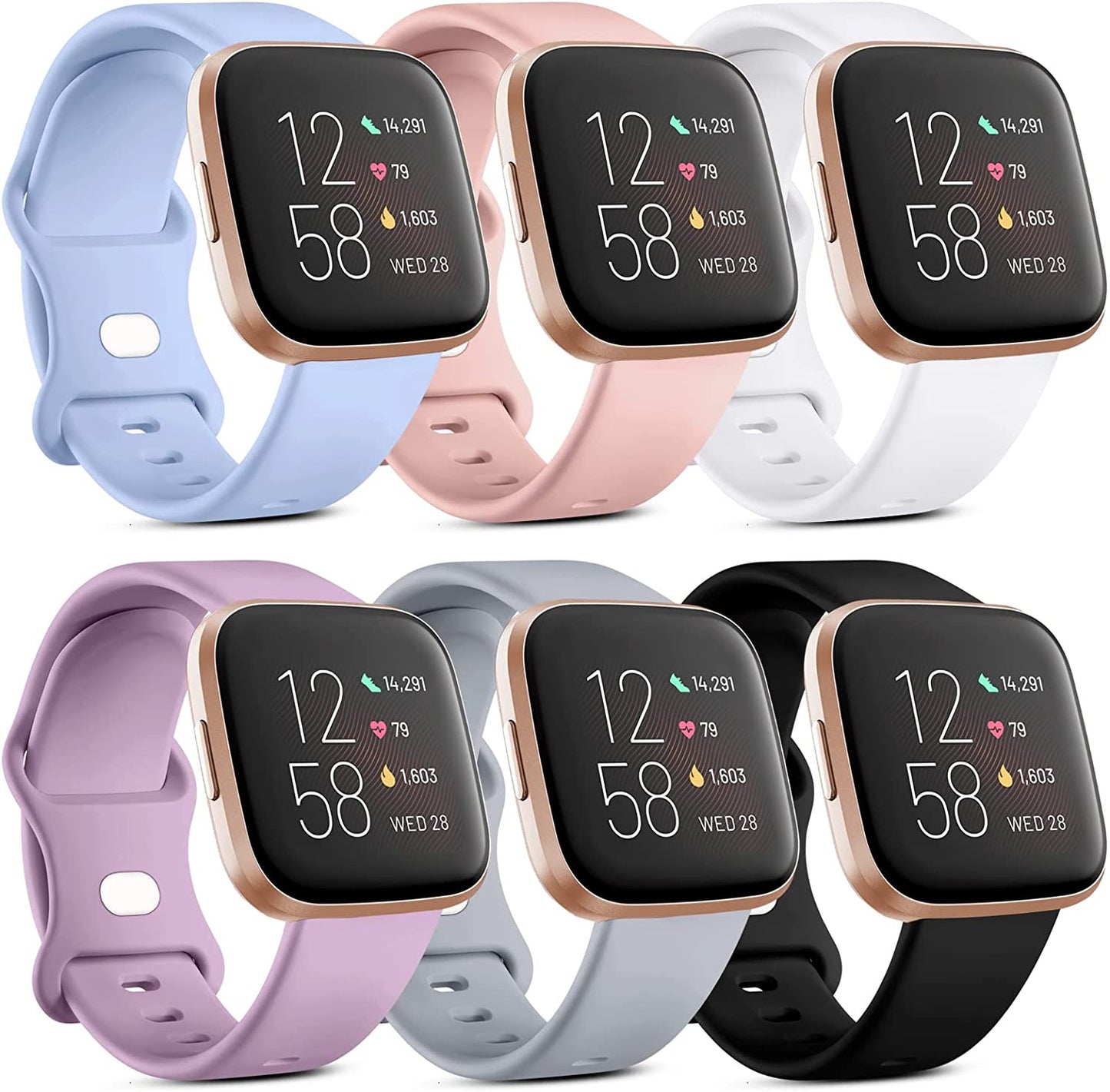 Witzon 6 Pack Bands Compatible with Fitbit Versa 2 Bands for Women Men, Compatible with Fitbit Versa Lite/Versa, Soft Silicone Replacement Wristbands Sport Band for Versa 2 Smart Watch (Small, A)  Witzon B-Black/White/Gray/Pink Sand/Lilac/Lavender Large 
