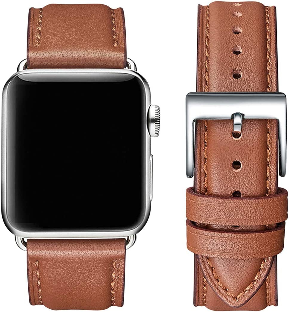 OMIU Square Bands Compatible with Apple Watch Band 38Mm 40Mm 41Mm 42Mm 44Mm 45Mm 49Mm, Genuine Leather Wristband Starp for Iwatch SE Series 8 7 6 5 4 3 2 1 Utral for Women Men(Ivory White/Rose Gold)  BestWayStore Brown/Silver 42mm 44mm 45mm 49mm 