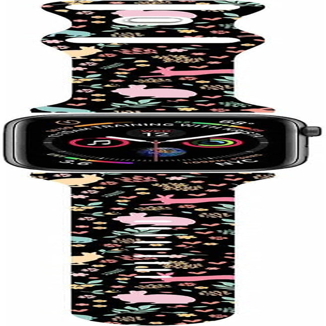 Easter Theme Bunny Rabbit Eggs Pattern Bands Compatible with Apple Watch 38Mm 40Mm 41Mm 42Mm 44Mm 45Mm 49Mm, Soft Silicone Sports Wristband Strap for Iwatch SE & Series 8/7/6/5/4/3/2/1  HYHMXB   