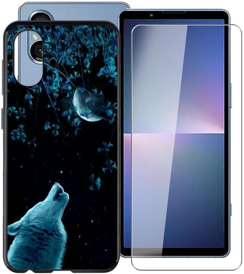 WIMSPEED Black Soft TPU Bumper Phone Case for Sony Xperia 5 V (6.1") with 1 X Tempered Glass Screen Protector, Slim Silicone Shockproof Cover for Sony Xperia 5 V - Moon Night  WIMSPEED   