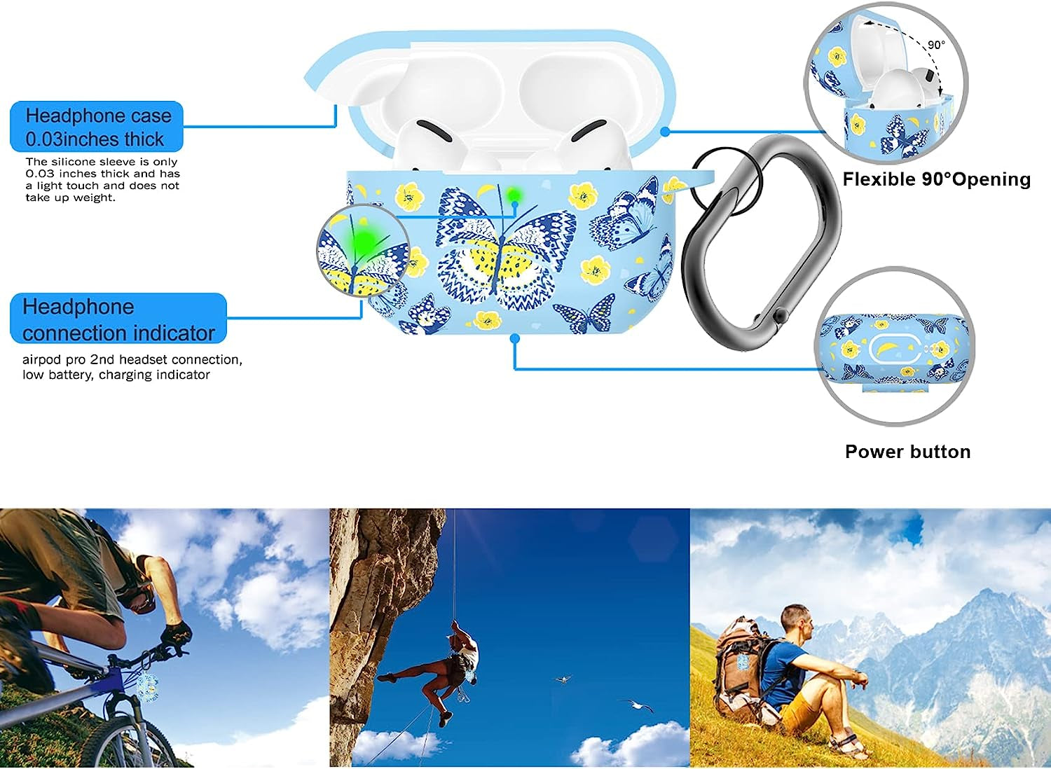 AGAOSH for Airpods Pro 2Nd Generation Case Cover,Cute Blue Butterfly Flowers Print Soft Silicone Skin Cover Protective Case with Keychain for New Apple Airpods Pro 2 Case 2022 Blue Butterfly  AGAOSH   