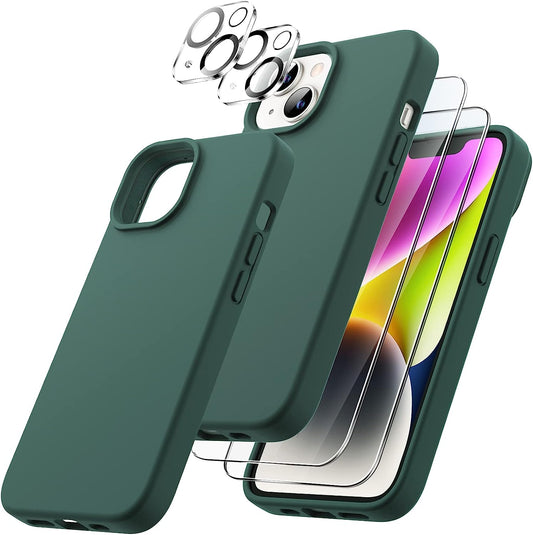 Jetech 3 in 1 Silicone Case for Iphone 14 plus 6.7-Inch, with 2-Pack Screen Protector and 2-Pack Camera Lens Protector, Full Coverage Tempered Glass Film, Shockproof Phone Cover (Midnight Green)  JETech   